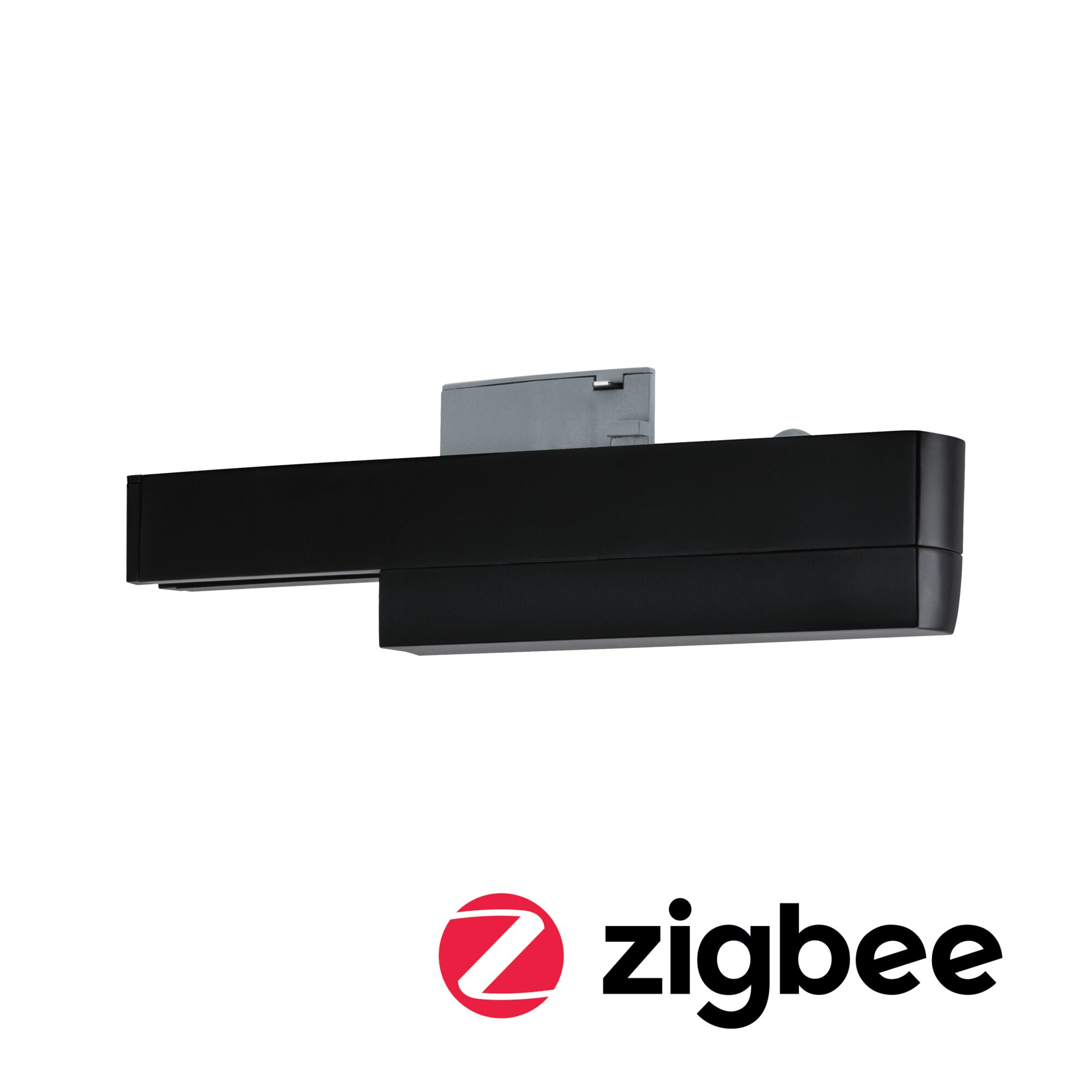Ein schwarzes Zigbee-Gerät mit einem grauen Aufsatz auf weißem Hintergrund.