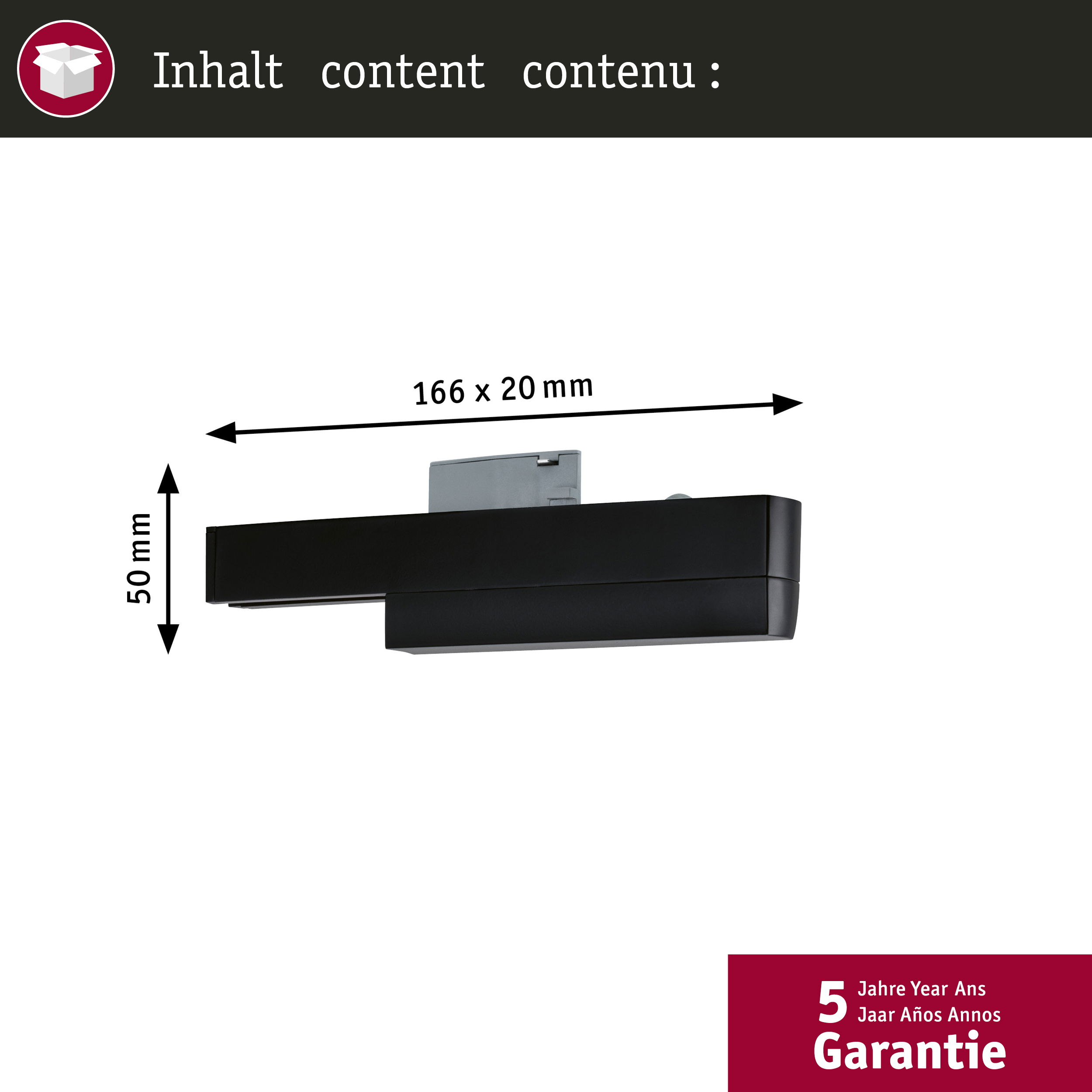 Schwarzer Einbaustrahler mit Maßen 166x20mm und 50mm Höhe. 5 Jahre Garantie.