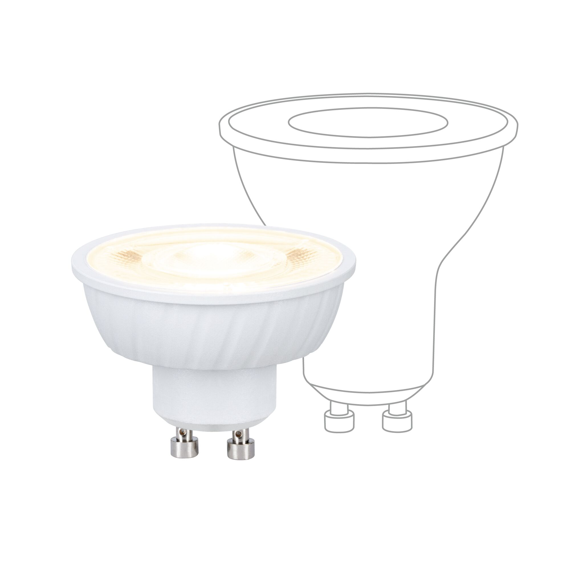 Biały reflektor LED ze srebrnymi pinami i zarysem innego reflektora.