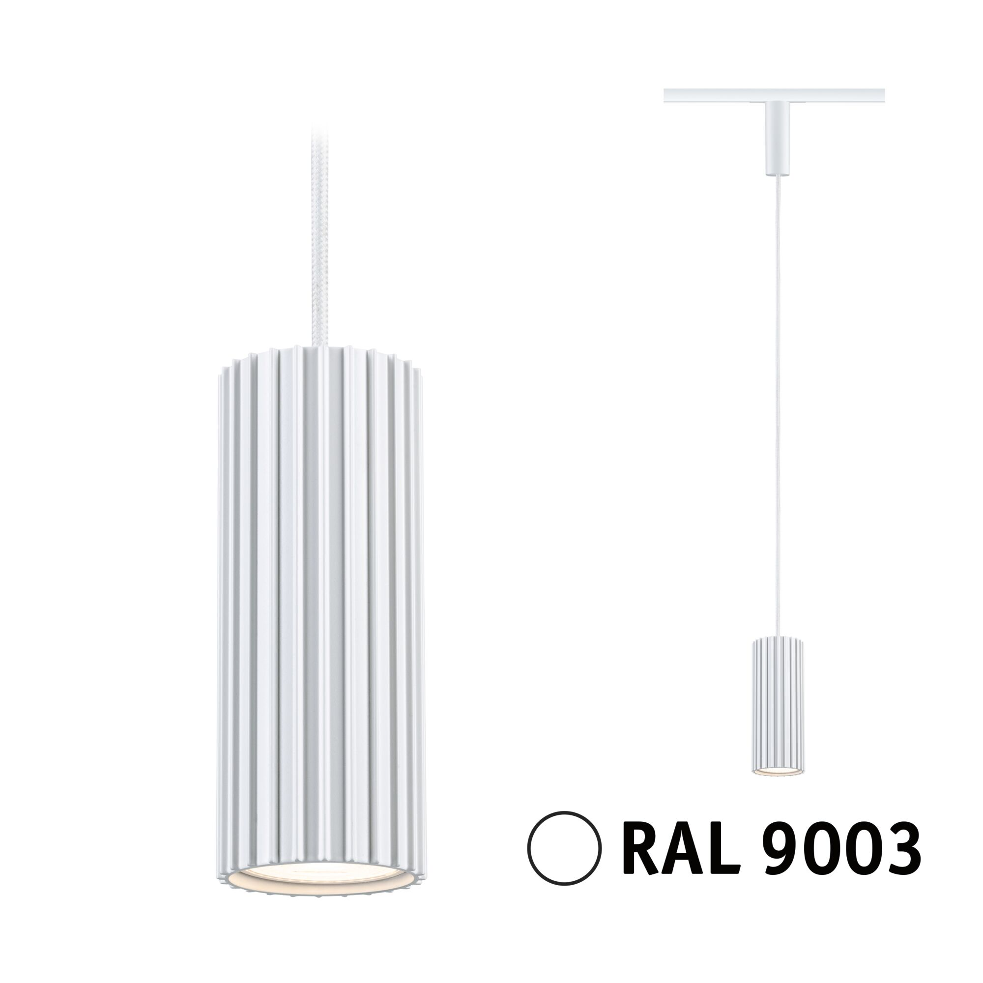 Biała, prążkowana lampa wisząca, RAL 9003.