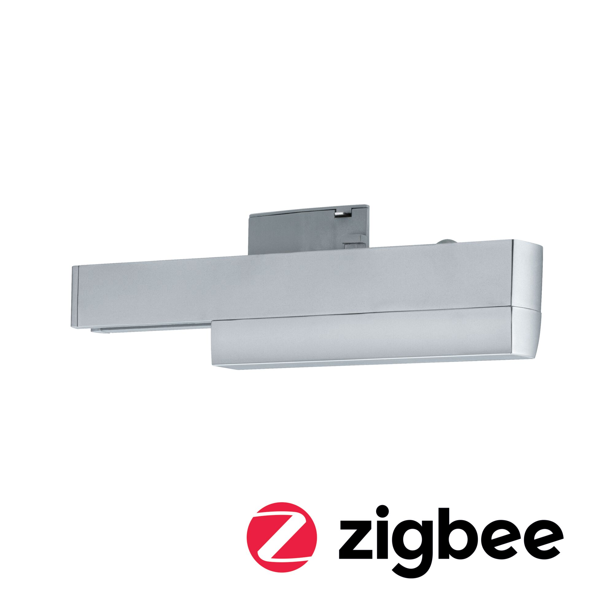 Silbernes Zigbee-Gerät mit Logo vor weißem Hintergrund.