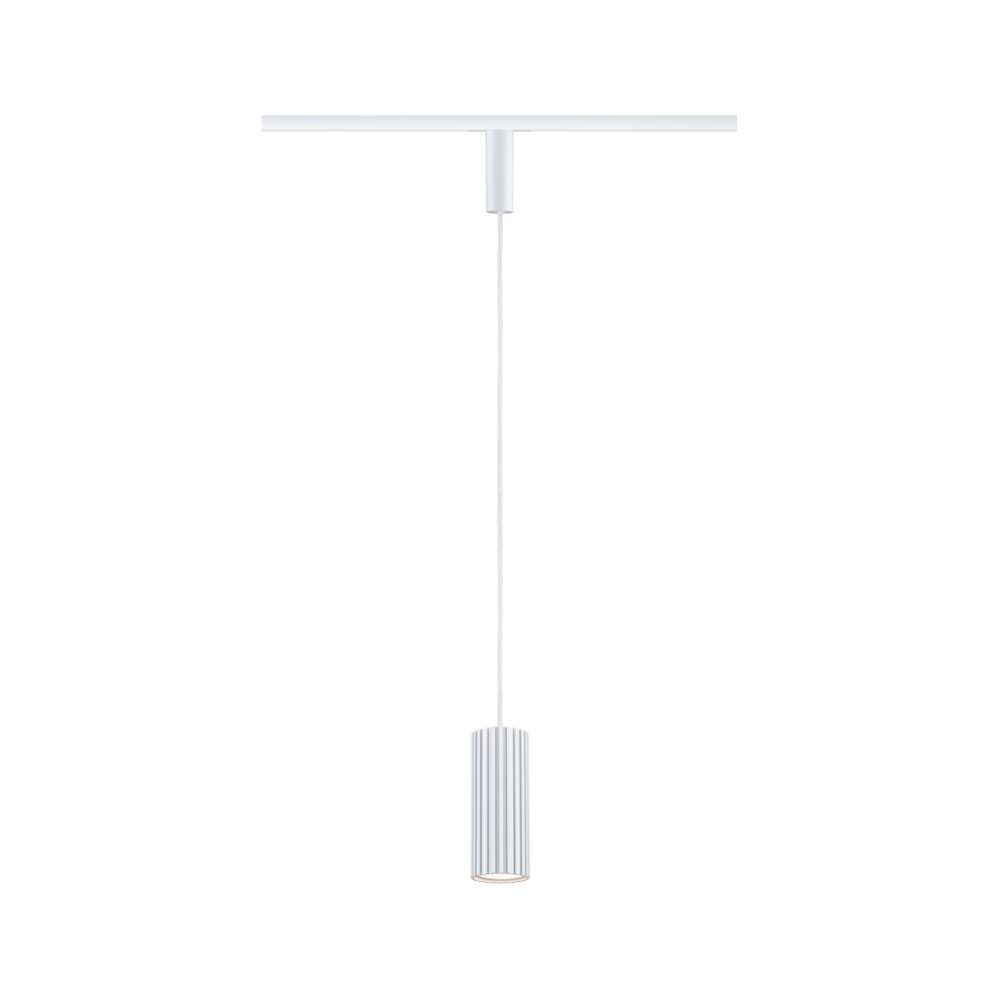 Biała lampa wisząca z ryflowanym cylindrem i kablem na szynie.