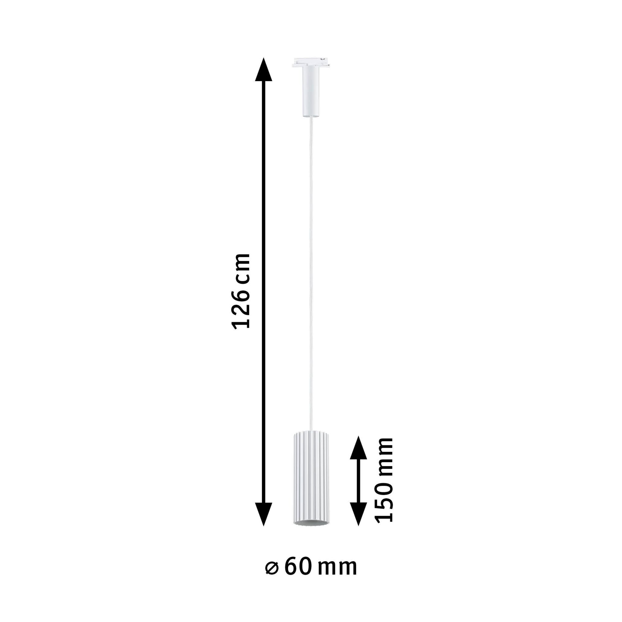 Biała lampa wisząca z żebrowanym cylindrem, długość 126cm, szerokość 60mm.