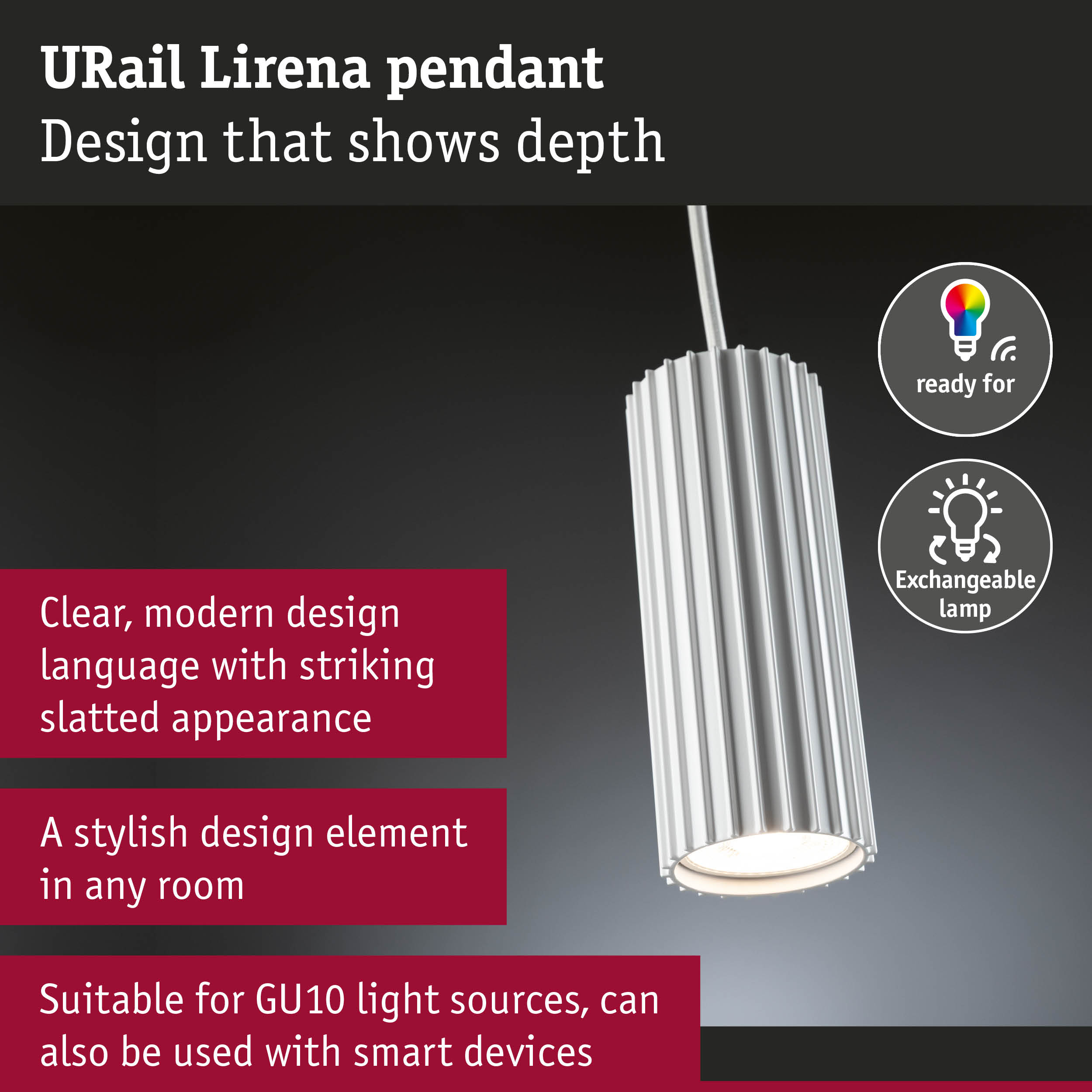 Srebrna lampa wisząca URail Lirena z lamelkowym wzorem wisi w dół.