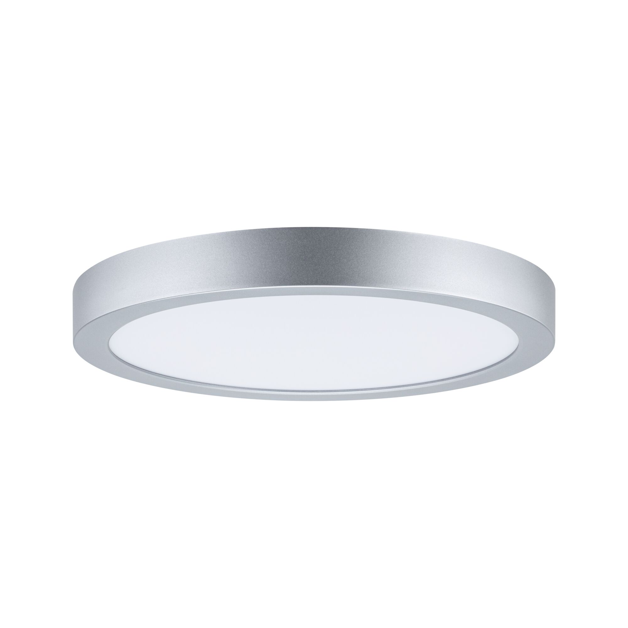 Okrągła, płaska lampa sufitowa z srebrnego metalu z białym środkiem.