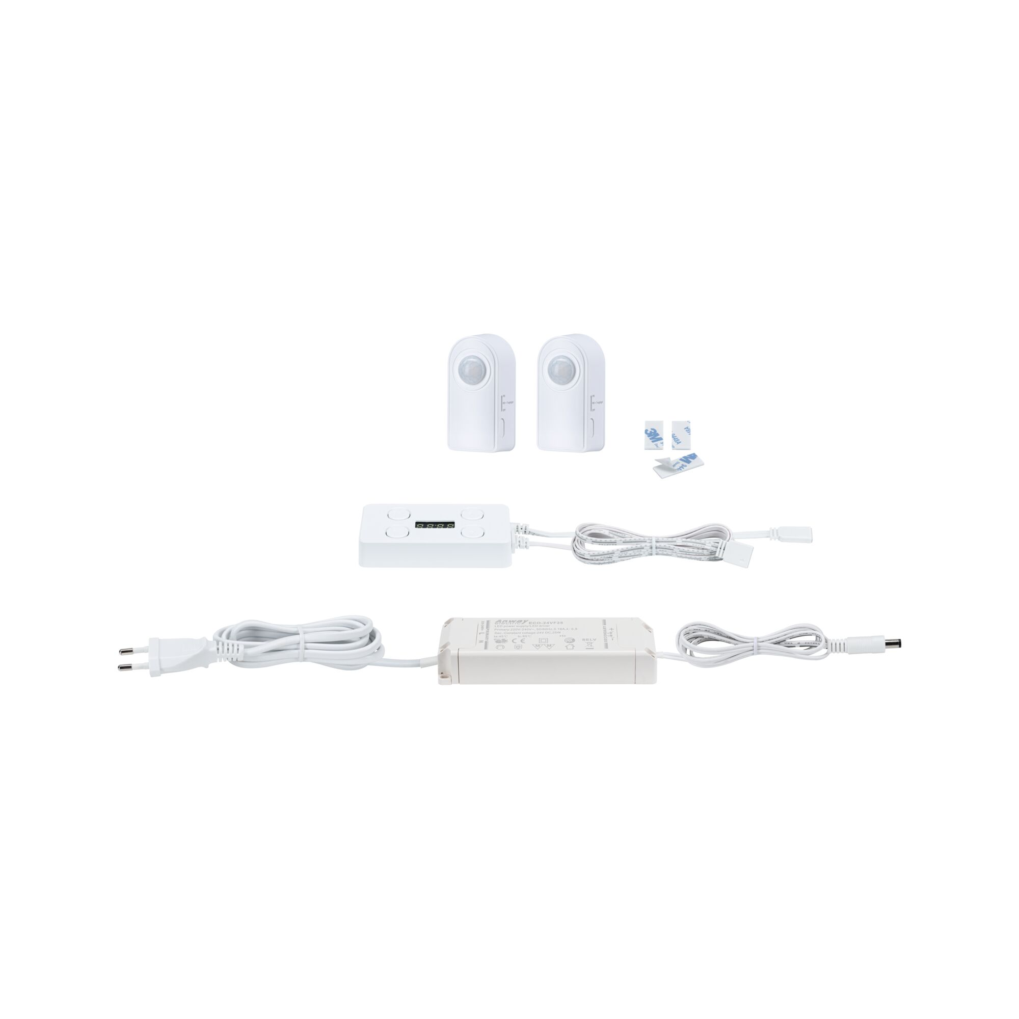 Zwei Bewegungsmelder, ein Controller, ein Netzteil und Kabel auf weißem Grund.
