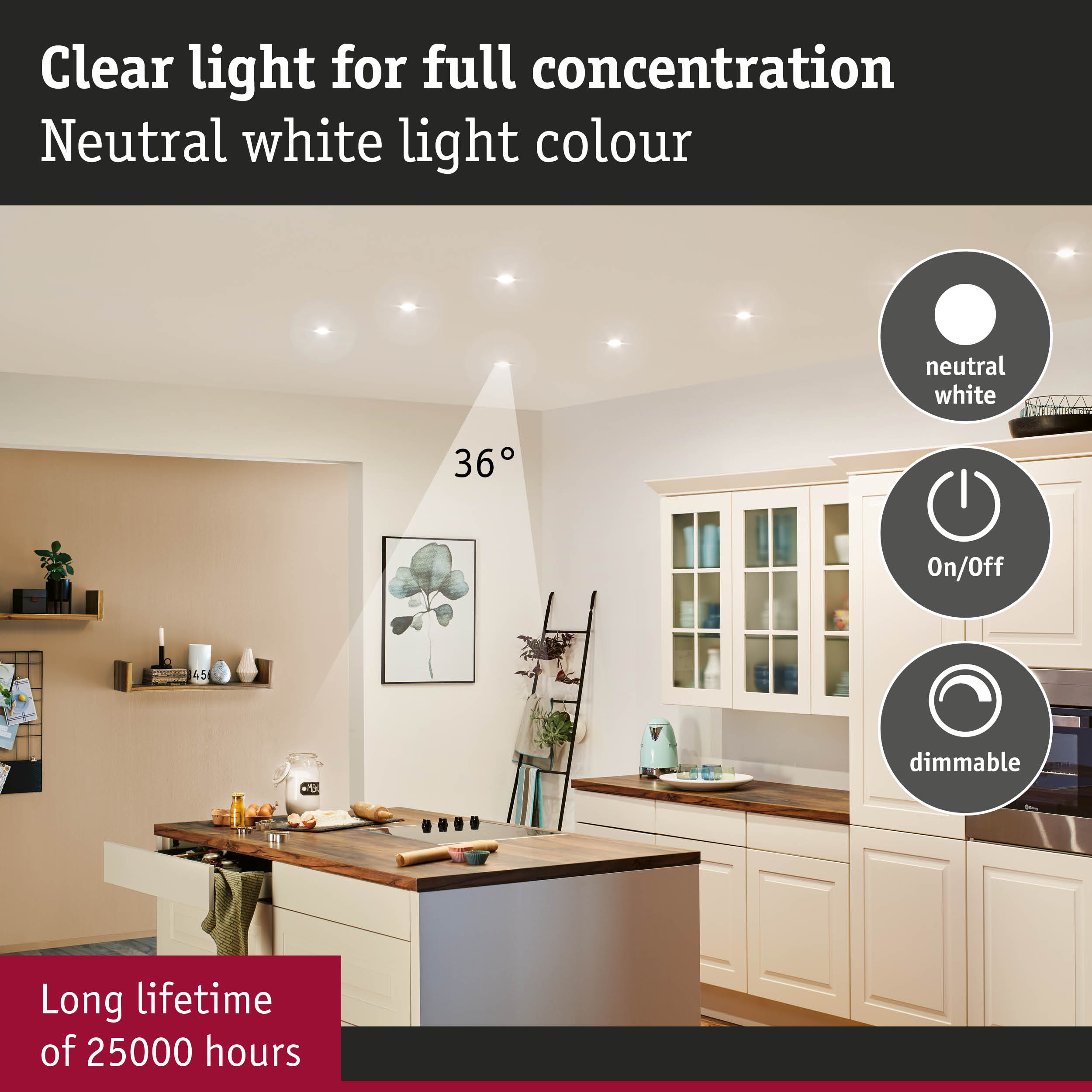 Nowoczesna kuchnia z wyspą, szafkami i oświetleniem.