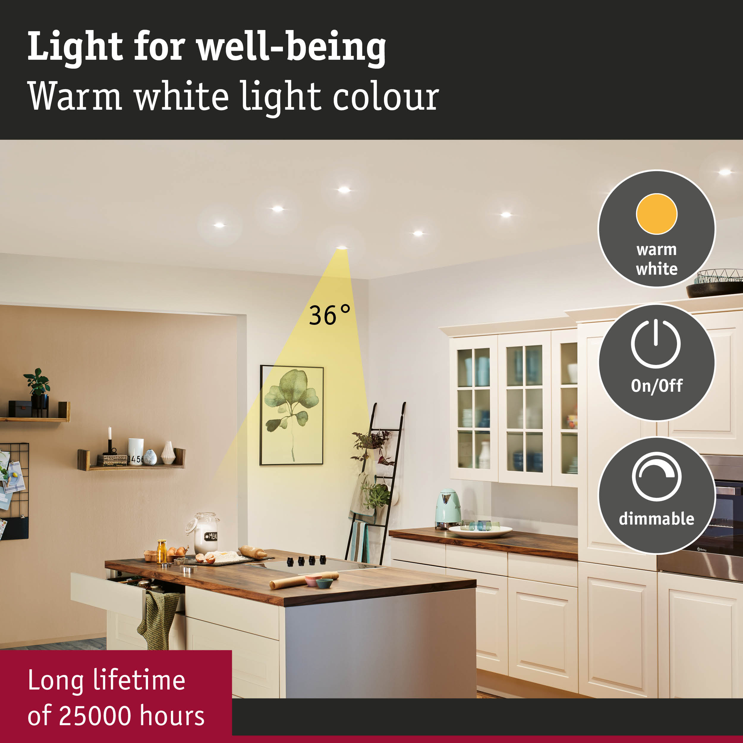 Kuchnia z wyspą, lampami sufitowymi i ikonami koloru światła, włącz/wyłącz i ściemniania.