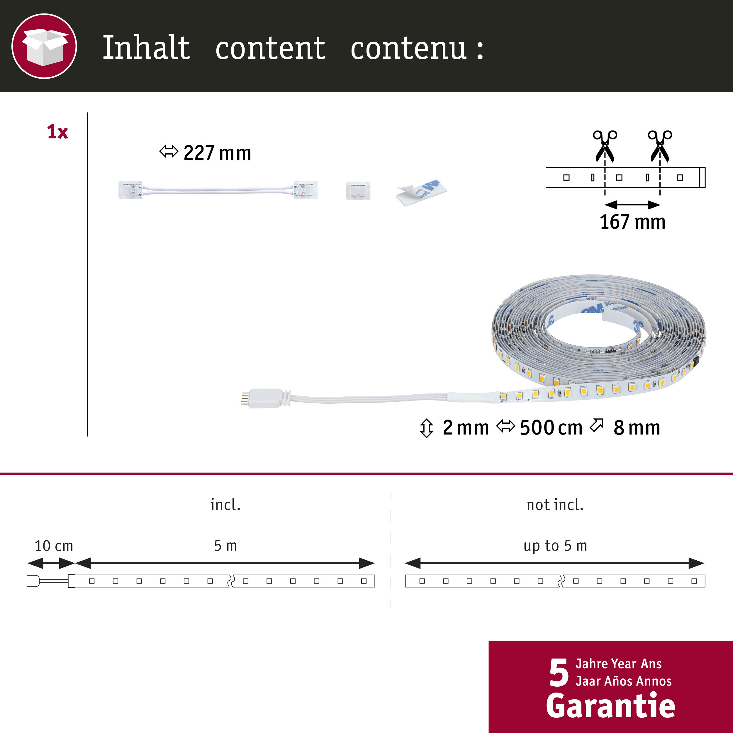 Taśma LED z akcesoriami: 227mm, 167mm. Wymiary: 2mm x 8mm x 500cm.