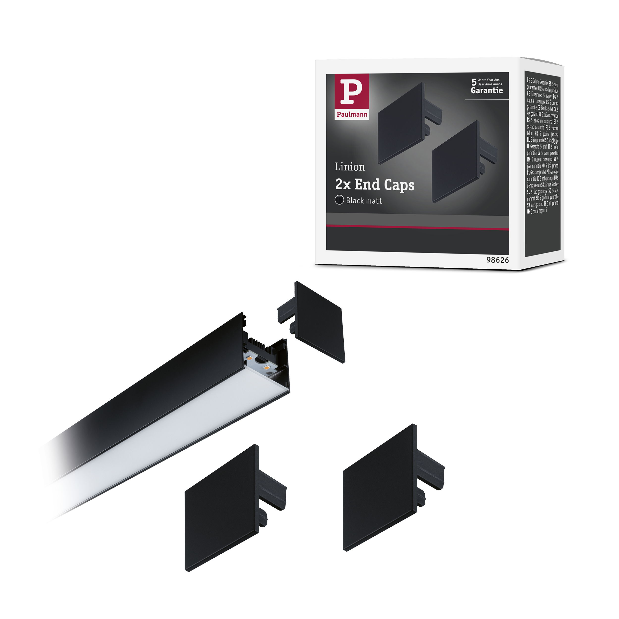 Czarna listwa LED z dwoma zaślepkami i opakowaniem.