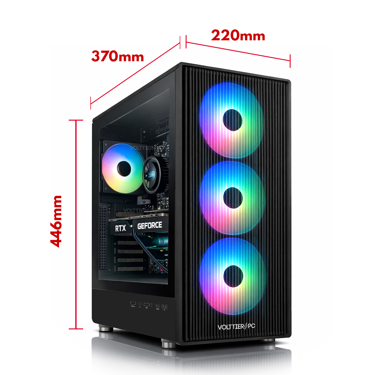 Caja de PC negra con ventiladores RGB y tarjeta gráfica RTX, se muestran dimensiones.