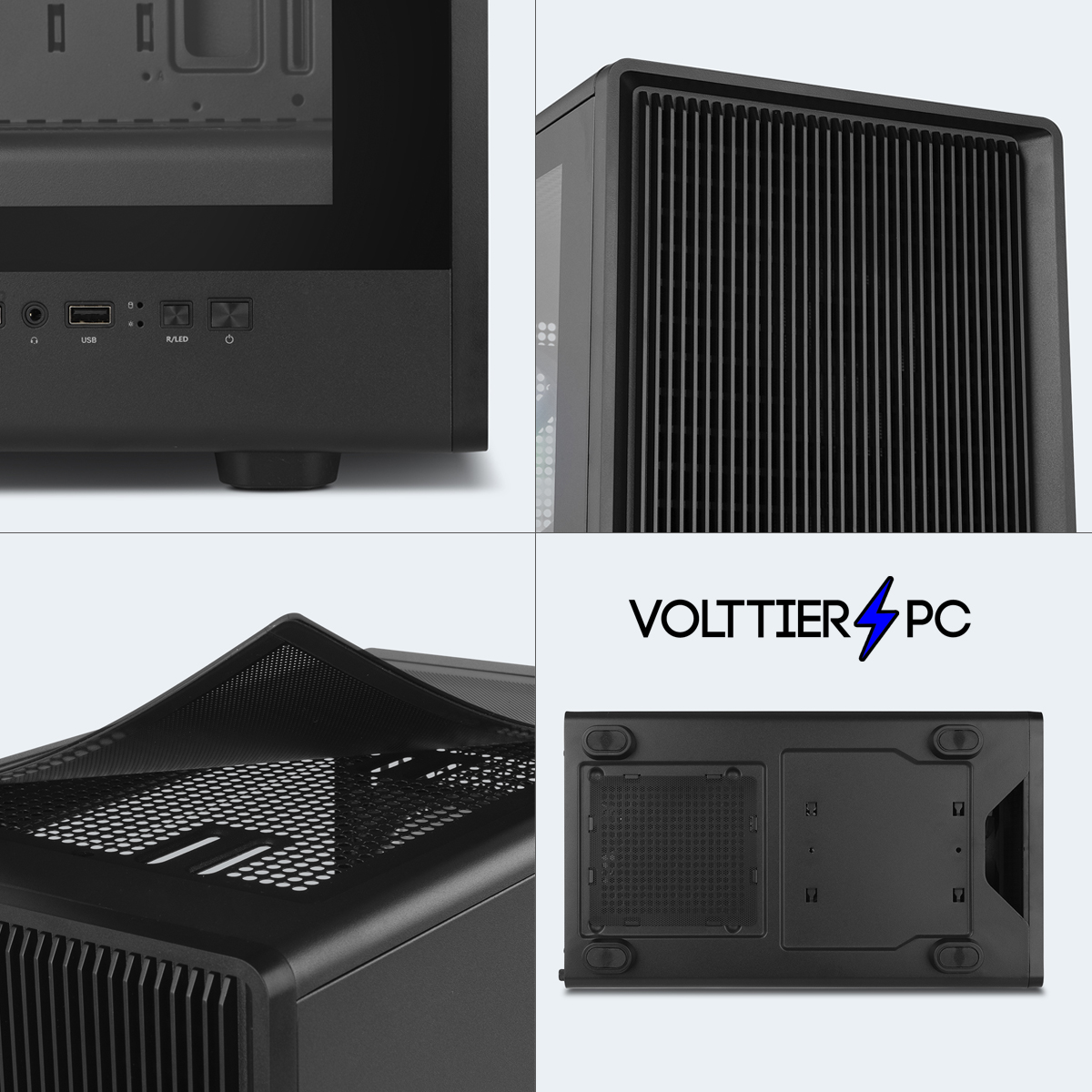 Cuatro vistas de una caja de PC negra: frontal, lateral, superior e inferior.