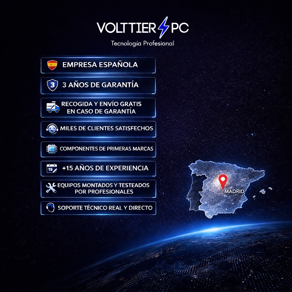 VoltTier PC: Empresa española, 3 años garantía, envío gratis, clientes satisfechos, Madrid.