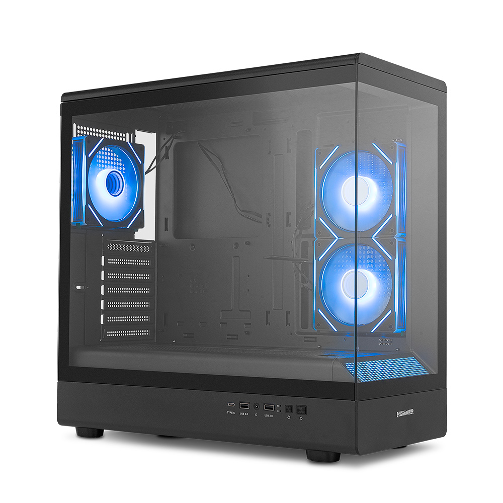 Caja de PC negra con frente de cristal y ventiladores azules.