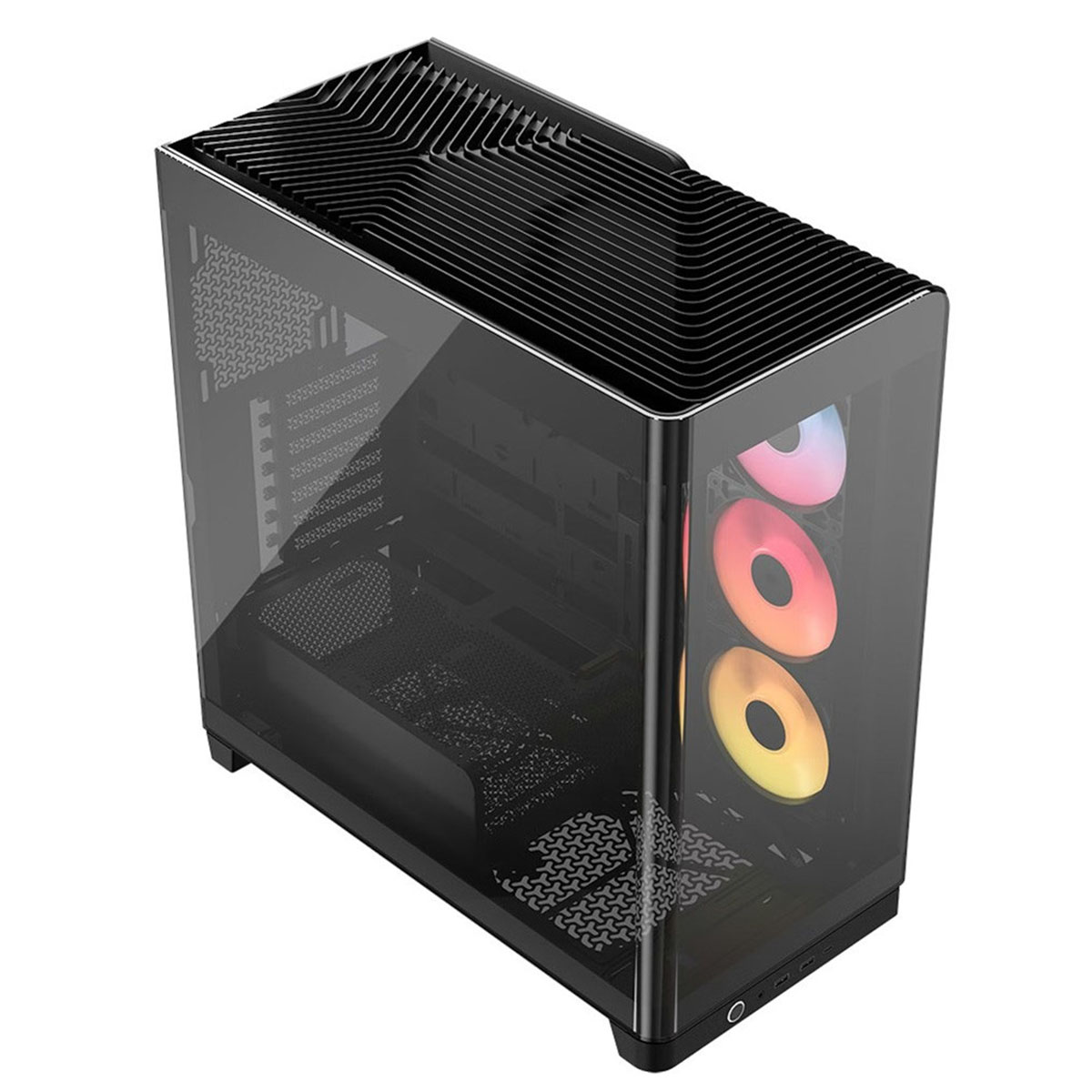 Cam önlü ve RGB fanlı siyah bilgisayar kasası.