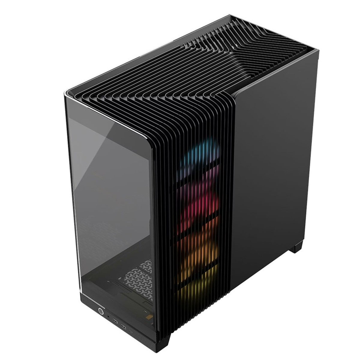 Cam yan panel ve görünen RGB fanlı siyah PC kasası.