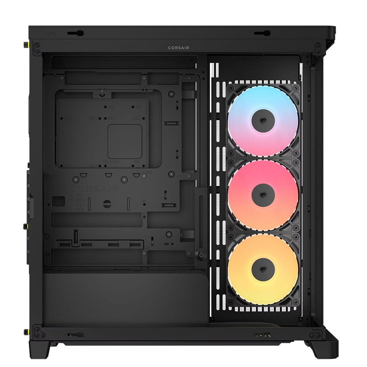 Mavi, pembe ve sarı renkte parlayan üç RGB fanlı siyah bilgisayar kasası.