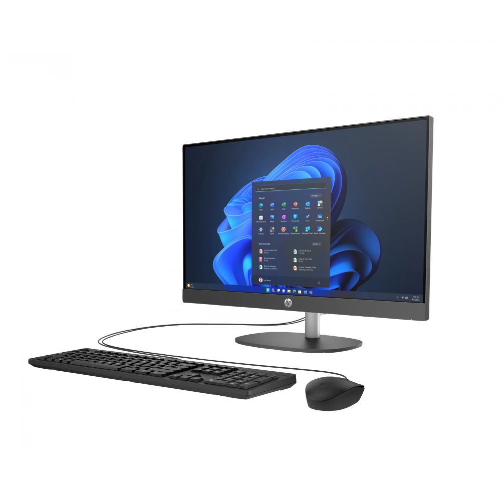 Klavye ve fareli siyah Hepsi Bir Arada bilgisayar. Ekranda Windows 11 Başlat menüsü gösteriliyor.