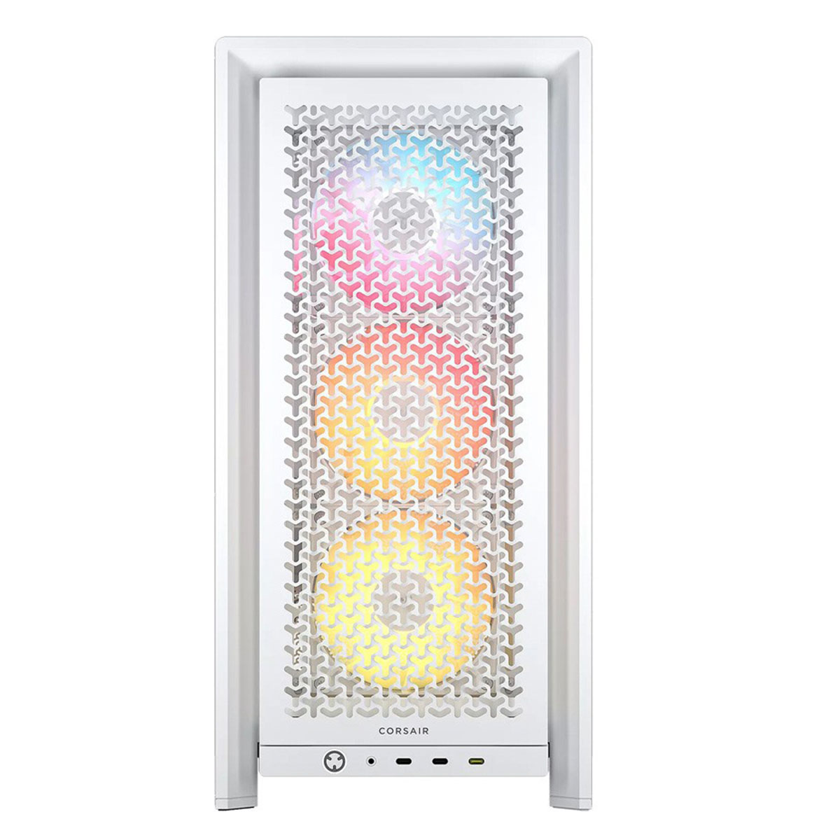 Geometrik ızgara desenli, RGB fanlı beyaz bilgisayar kasası.