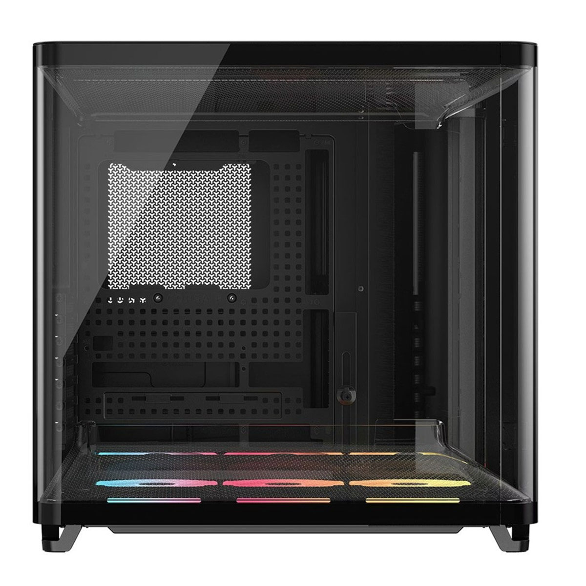 Boîtier d'ordinateur noir vide avec panneaux latéraux transparents et éclairage RVB en bas.