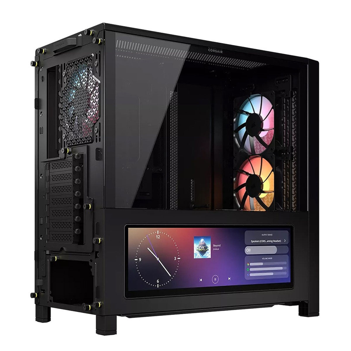 RGB fanlı ve saat gösteren dokunmatik ekranlı siyah PC kasası.