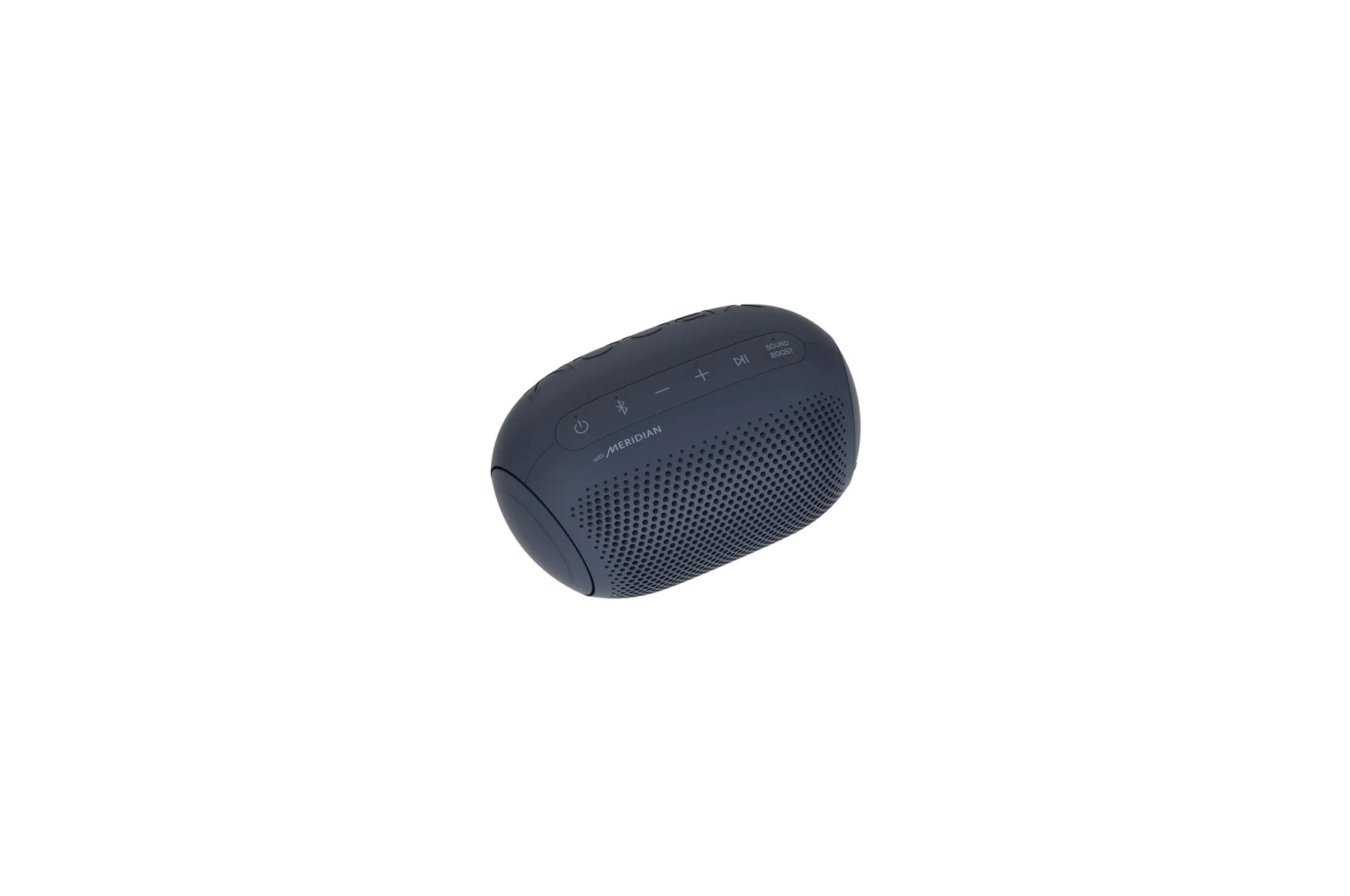 Ses düğmeleri ve Bluetooth sembollü koyu gri taşınabilir hoparlör.