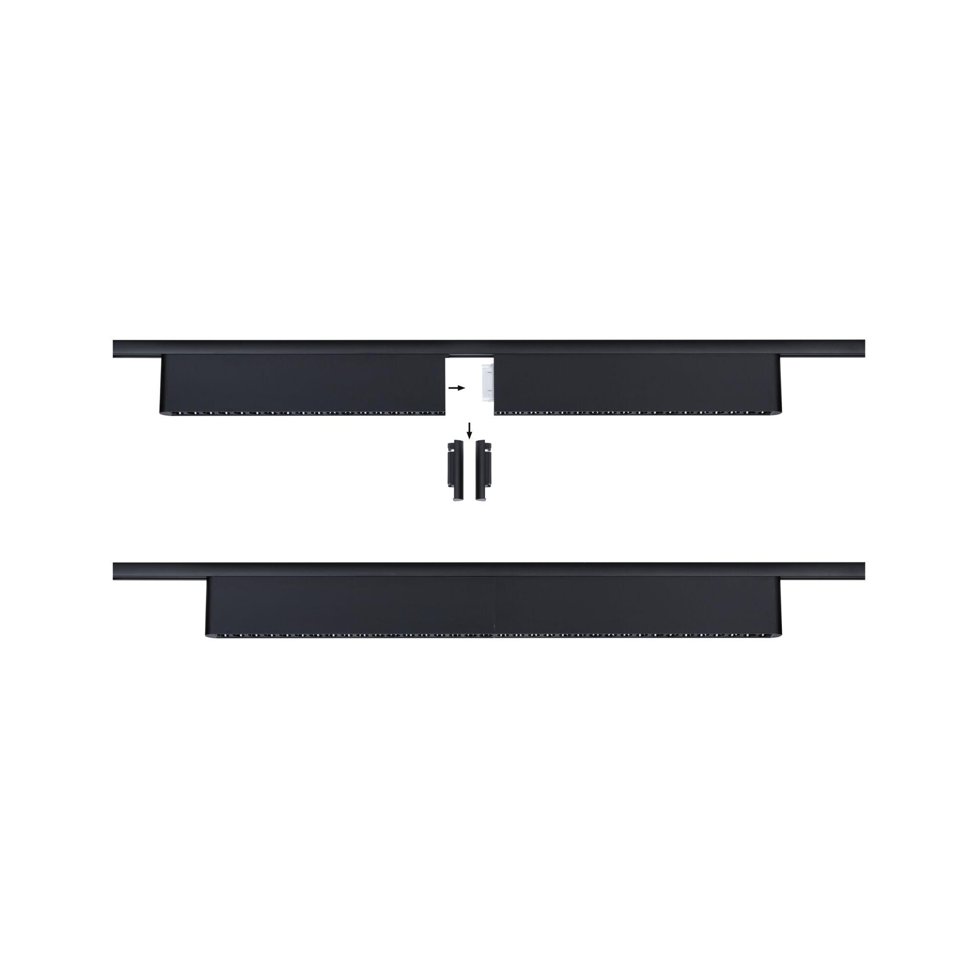 Dwa czarne oprawy oświetleniowe z paskami LED, pokazujące połączenie.