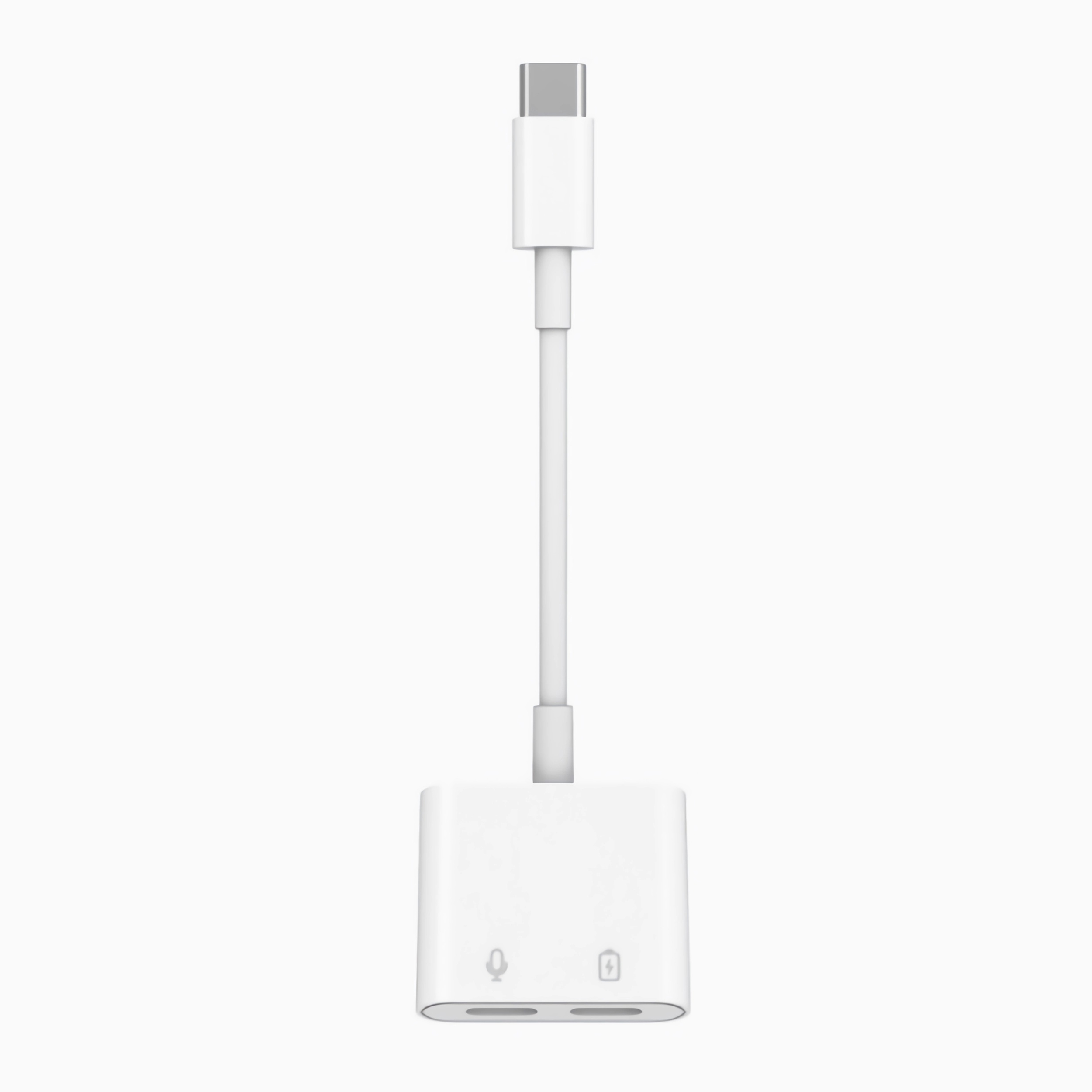 Ein weißer USB-C-Adapter mit Mikrofon- und Ladeanschlüssen.