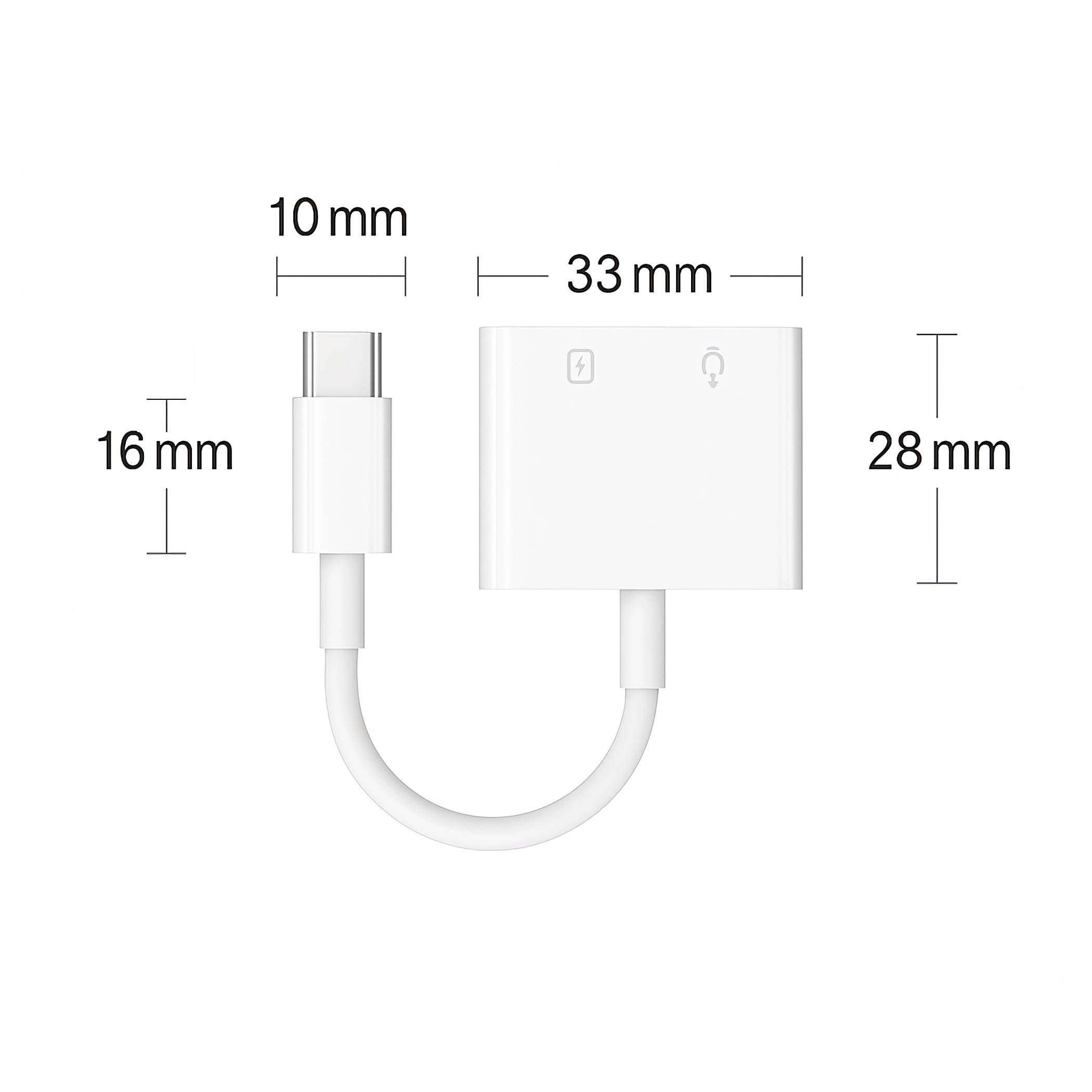 Ein weißer USB-C-Adapter mit Lade- und Kopfhörersymbolen, mit Maßen.