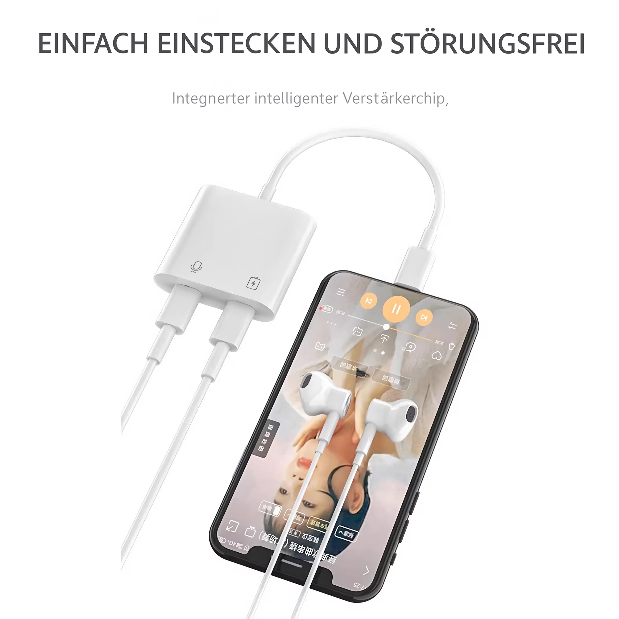 Ein weißer Adapter mit Kopfhörern und einem Smartphone, das Musik abspielt.