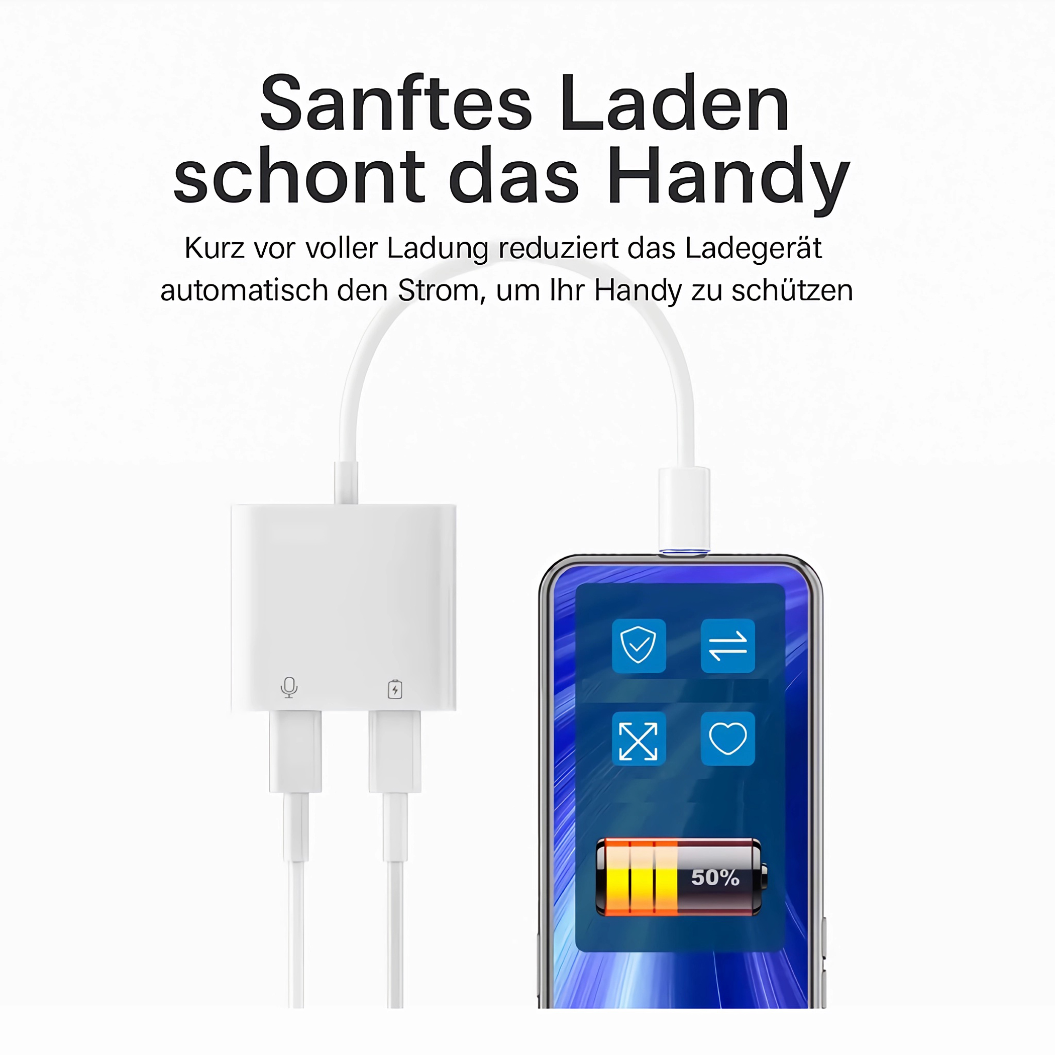 Ein weißer Adapter verbindet ein Smartphone, das bei 50% lädt.