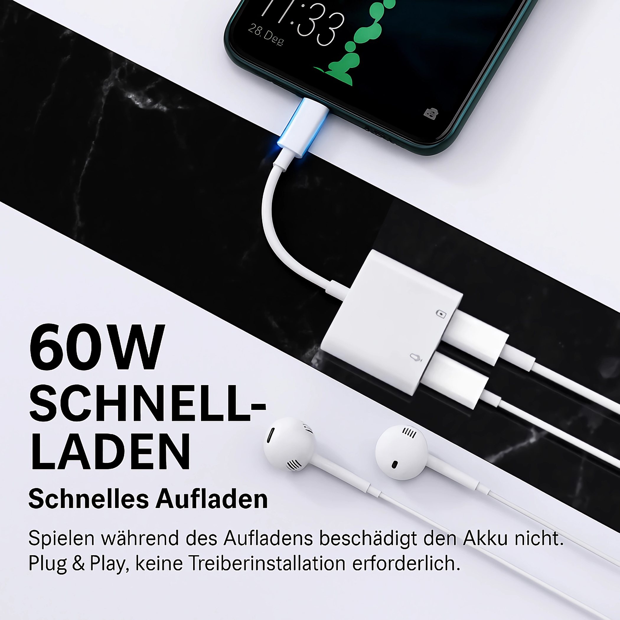 Ein weißer Adapter lädt ein Smartphone, Kopfhörer liegen daneben.