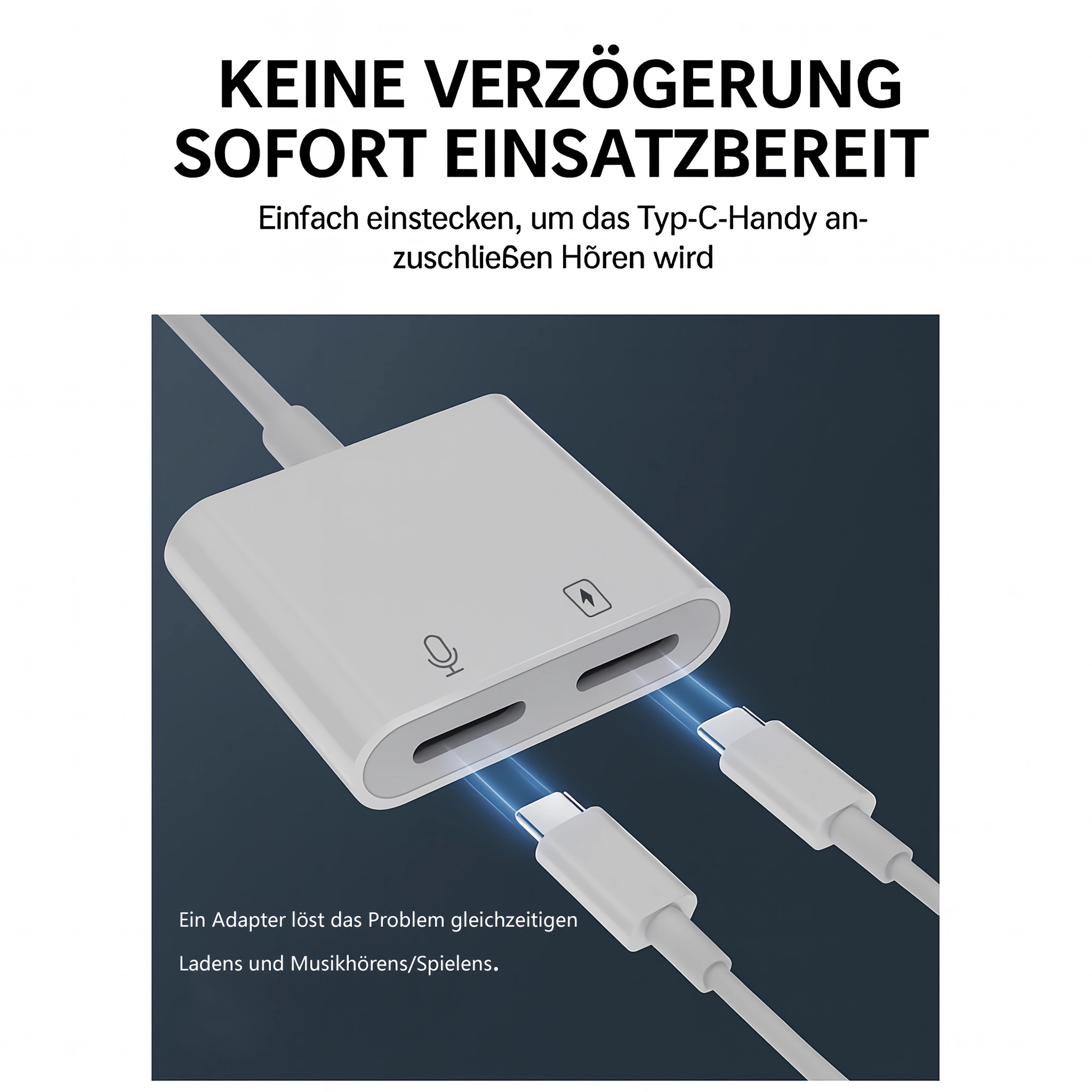 Ein weißer USB-C-Adapter mit Anschlüssen für Mikrofon und Lade-/Kopfhörerbuchse.