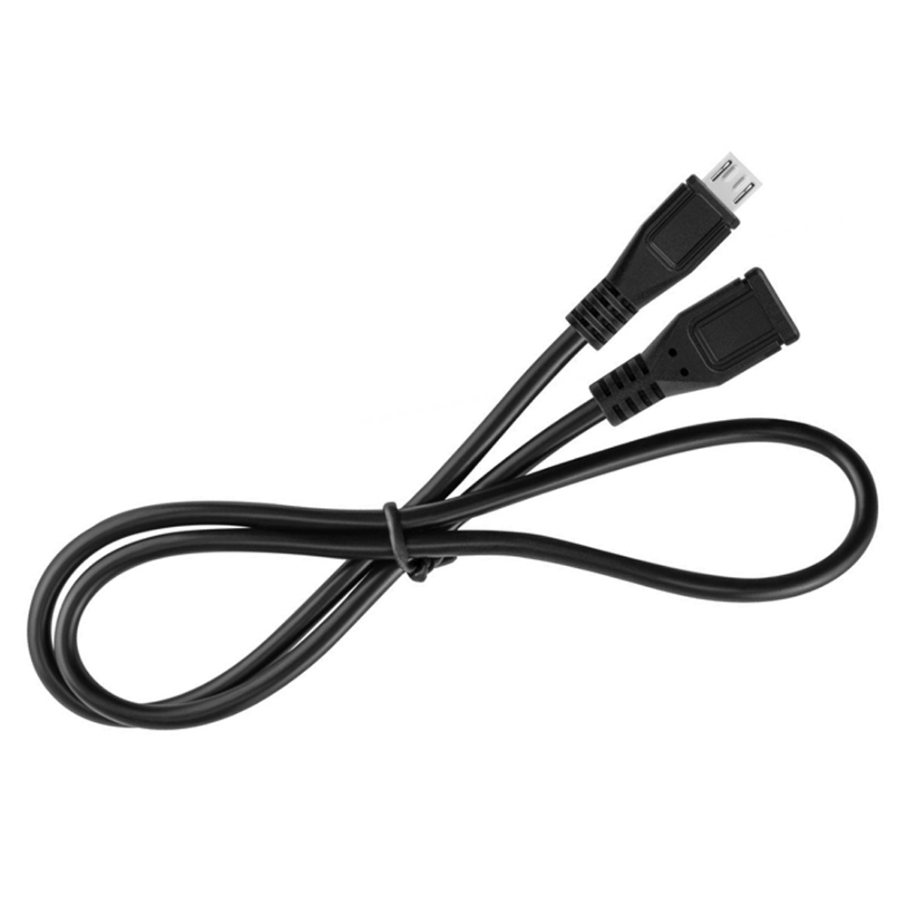 Ein schwarzes USB-Kabel mit einem Mikro-USB-Stecker und einer Buchse.