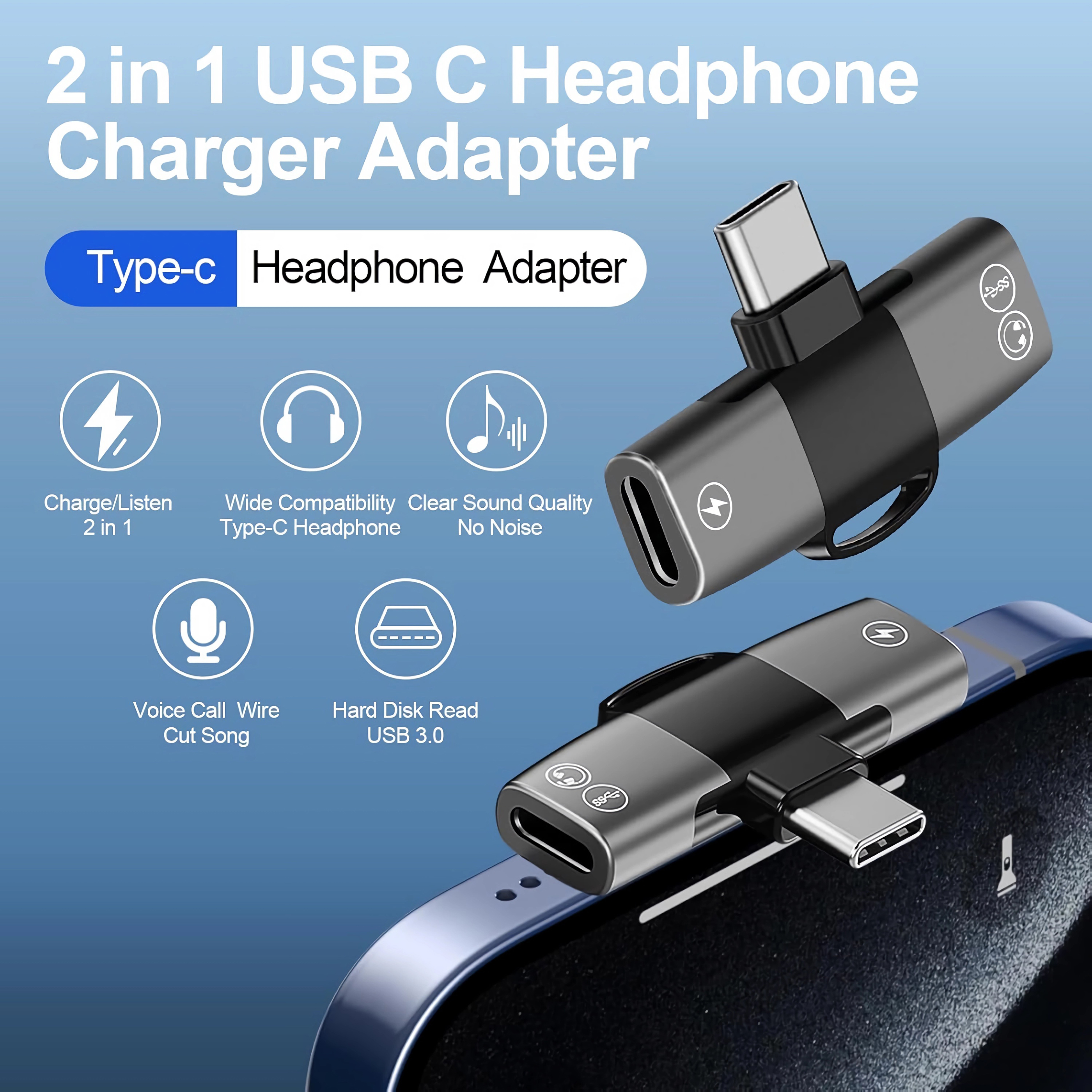 Ein grauer 2-in-1-USB-C-Adapter für Kopfhörer und Ladegeräte, der an ein Smartphone angeschlossen ist.
