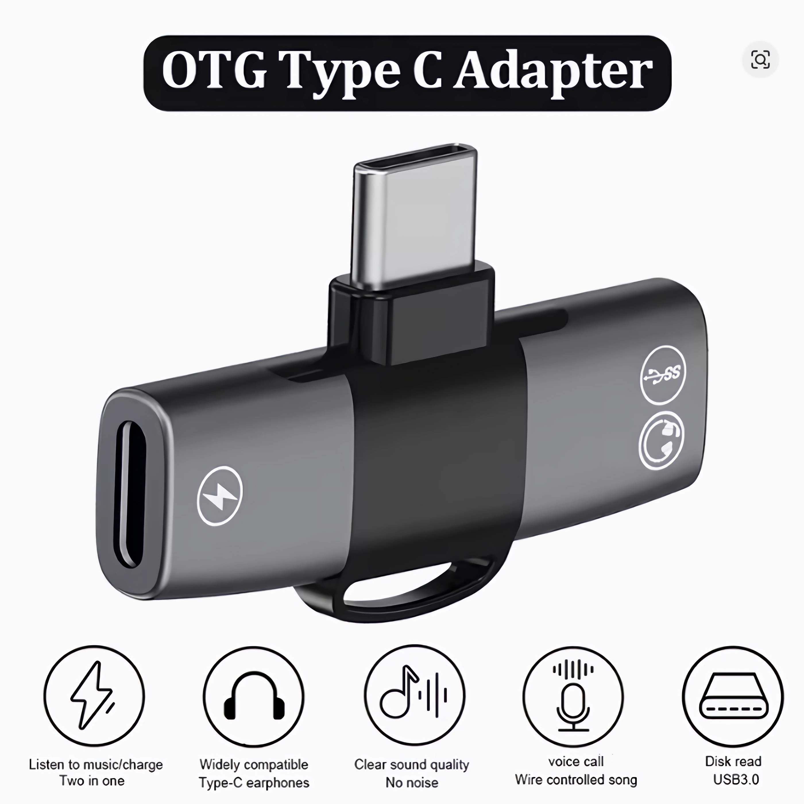 OTG Typ-C-Adapter mit USB-C-Stecker, USB-A-Anschluss und Audiobuchse.