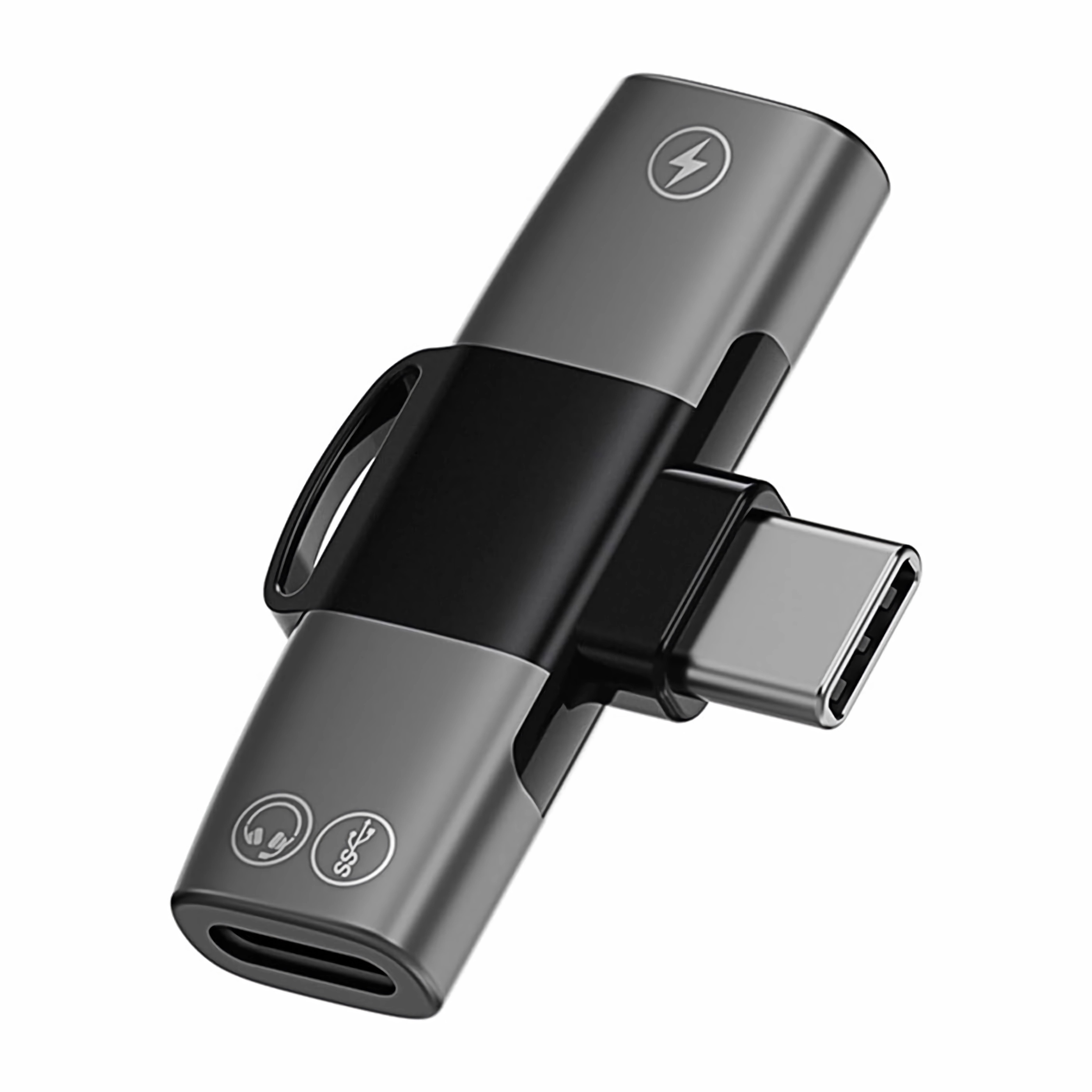 Ein grauer USB-C-Adapter mit einem Blitzsymbol und Anschlüssen für Kopfhörer und Laden.