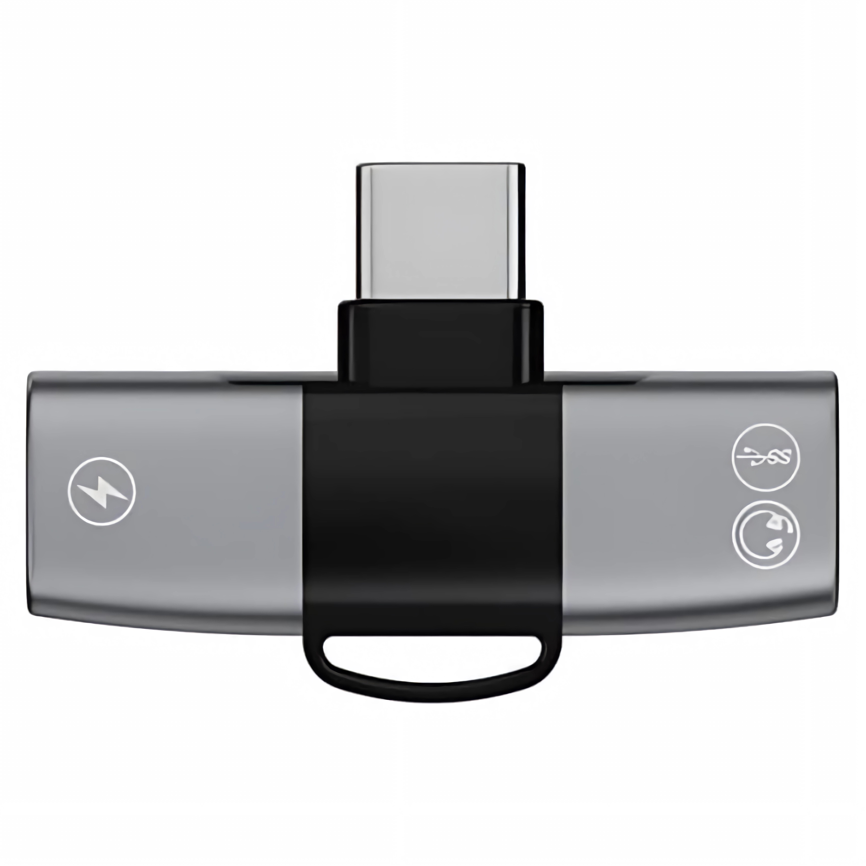Ein grauer USB-C-Adapter mit einem Blitz- und zwei Symbolen.