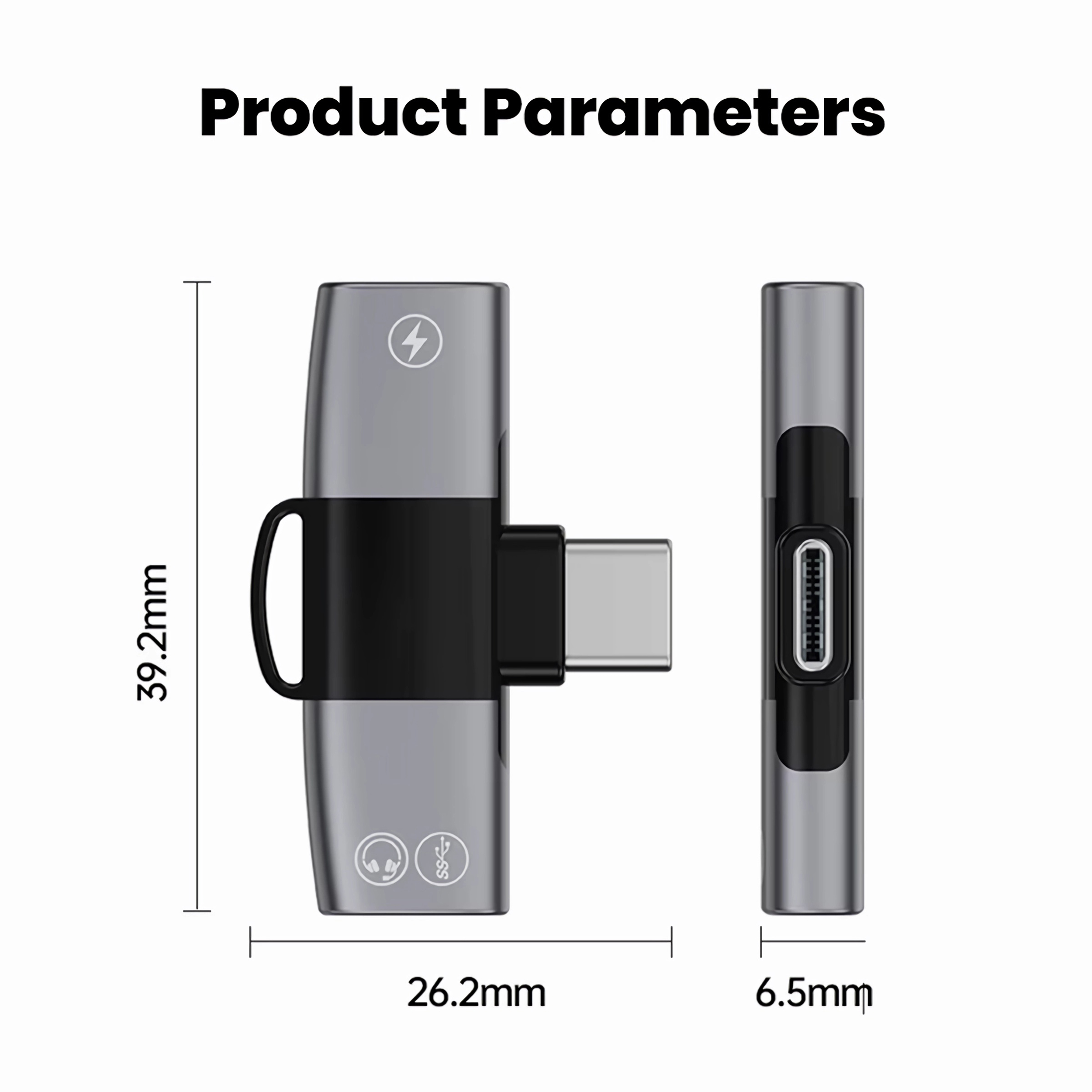 Grauer USB-C-Adapter mit Blitz- und Kopfhörersymbolen. Maße: 39,2 x 26,2 x 6,5 mm.
