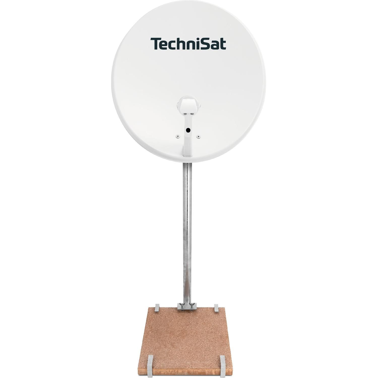 Weiße TechniSat Satellitenschüssel auf einem Metallmast mit braunem Sockel.