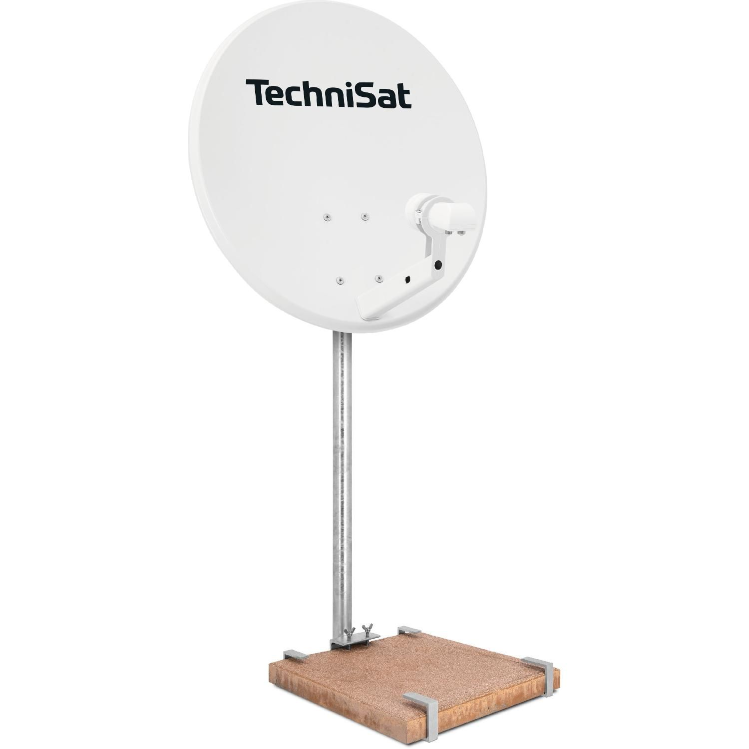 Eine weiße Satellitenschüssel mit dem Logo "TechniSat" steht auf einem Metallmast.