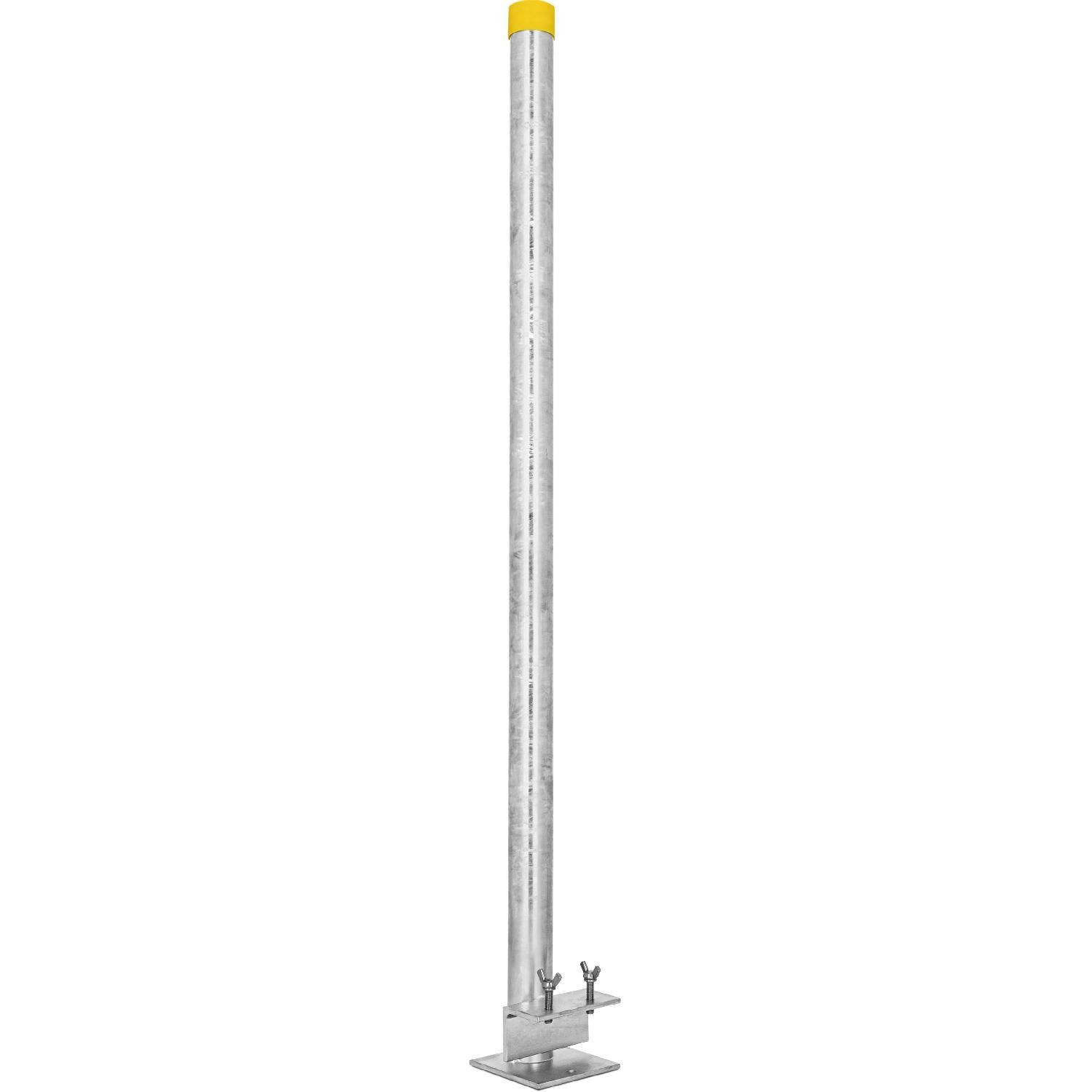 Ein langer, silberner Metallpfosten mit gelber Kappe und Klemmen.