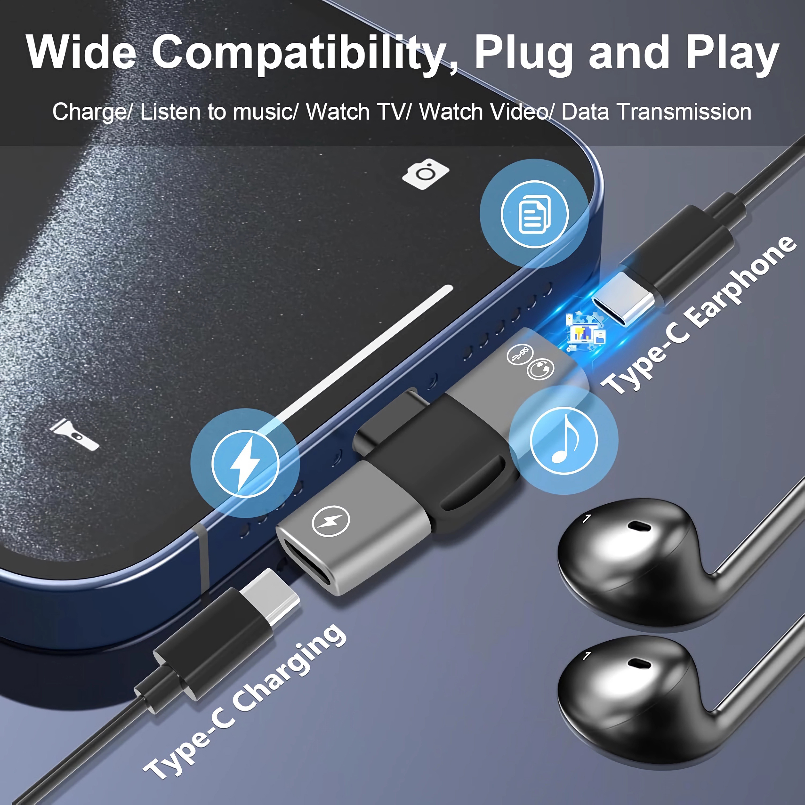 Ein grauer Adapter für Typ-C-Geräte zum Laden und Musikhören.
