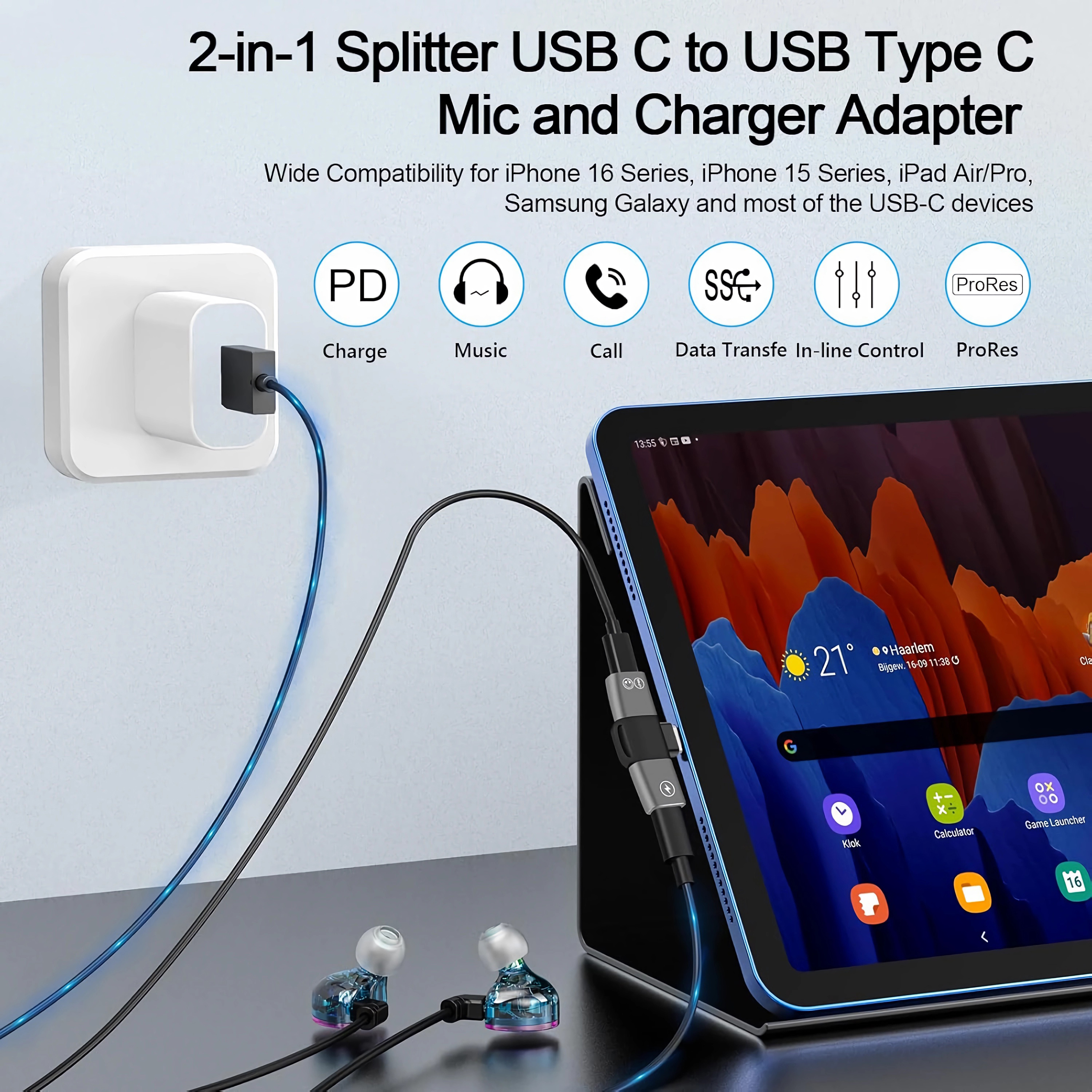 USB-C-Splitter mit Netzteil, Kopfhörern und Tablet. Lädt und gibt Audio aus.