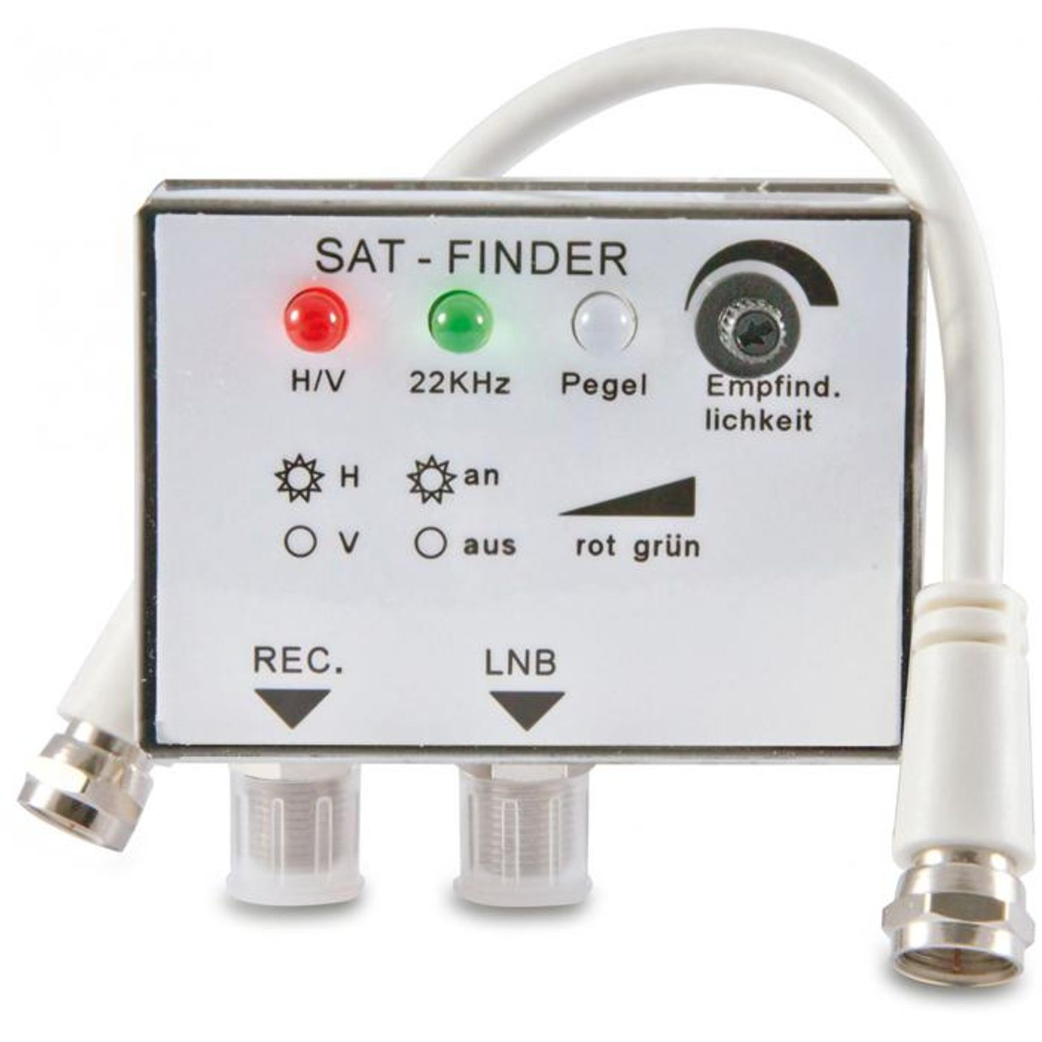 Ein Sat-Finder mit roten und grünen LEDs, Regler und Anschlüssen.