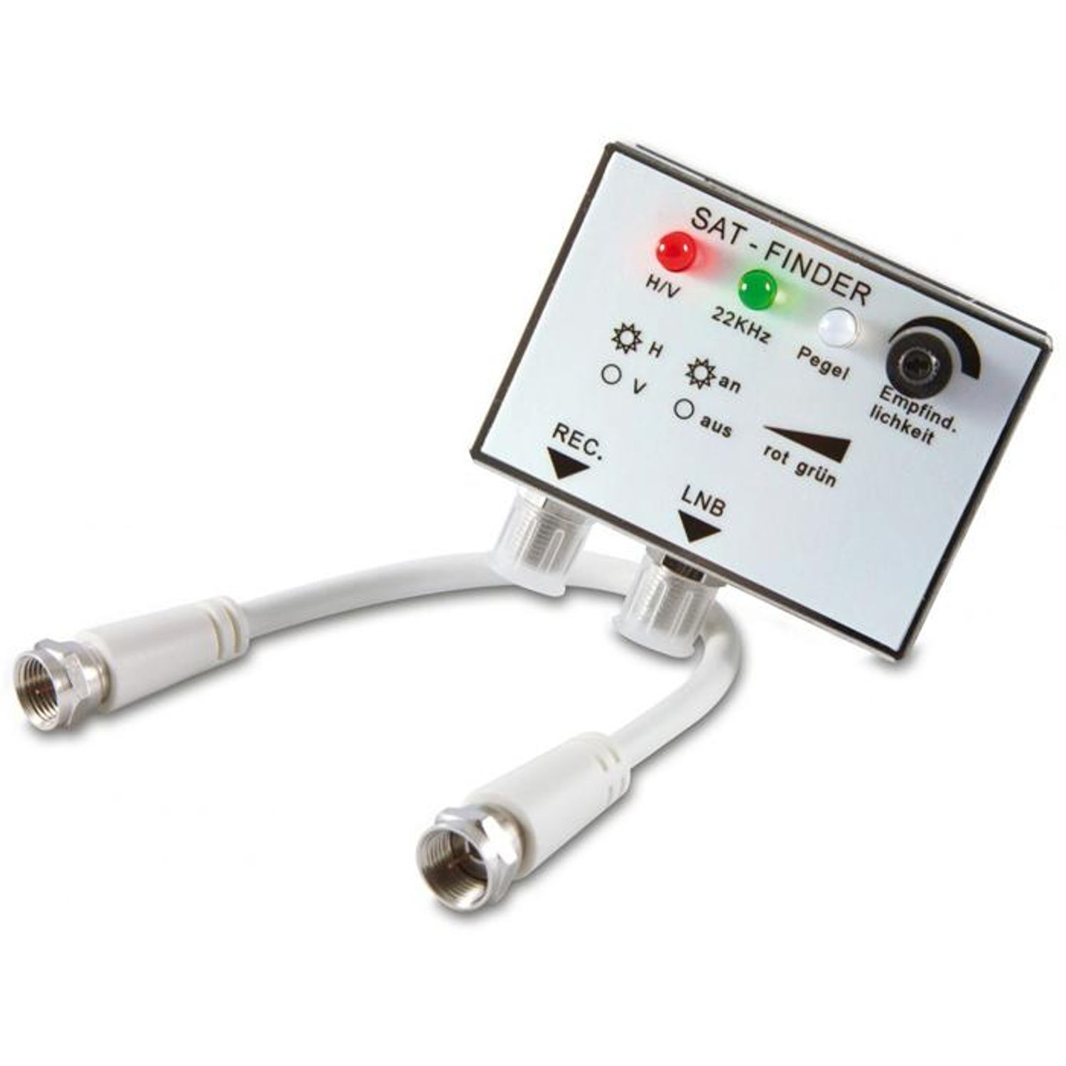 Ein SAT-Finder mit Kabeln, LEDs und Drehknopf auf weißem Hintergrund.