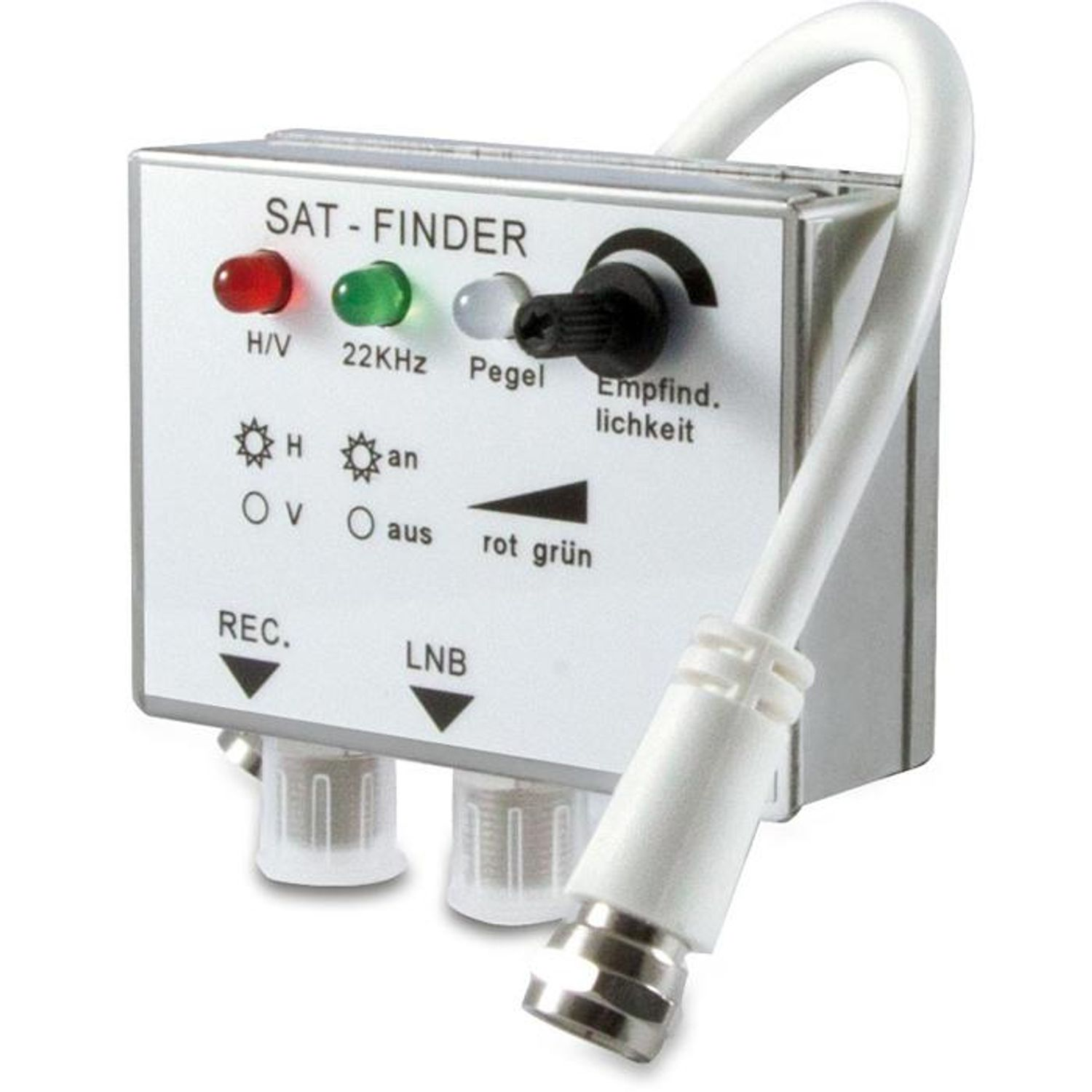 Ein SAT-FINDER mit LEDs, Drehknopf und Kabeln auf weißem Hintergrund.