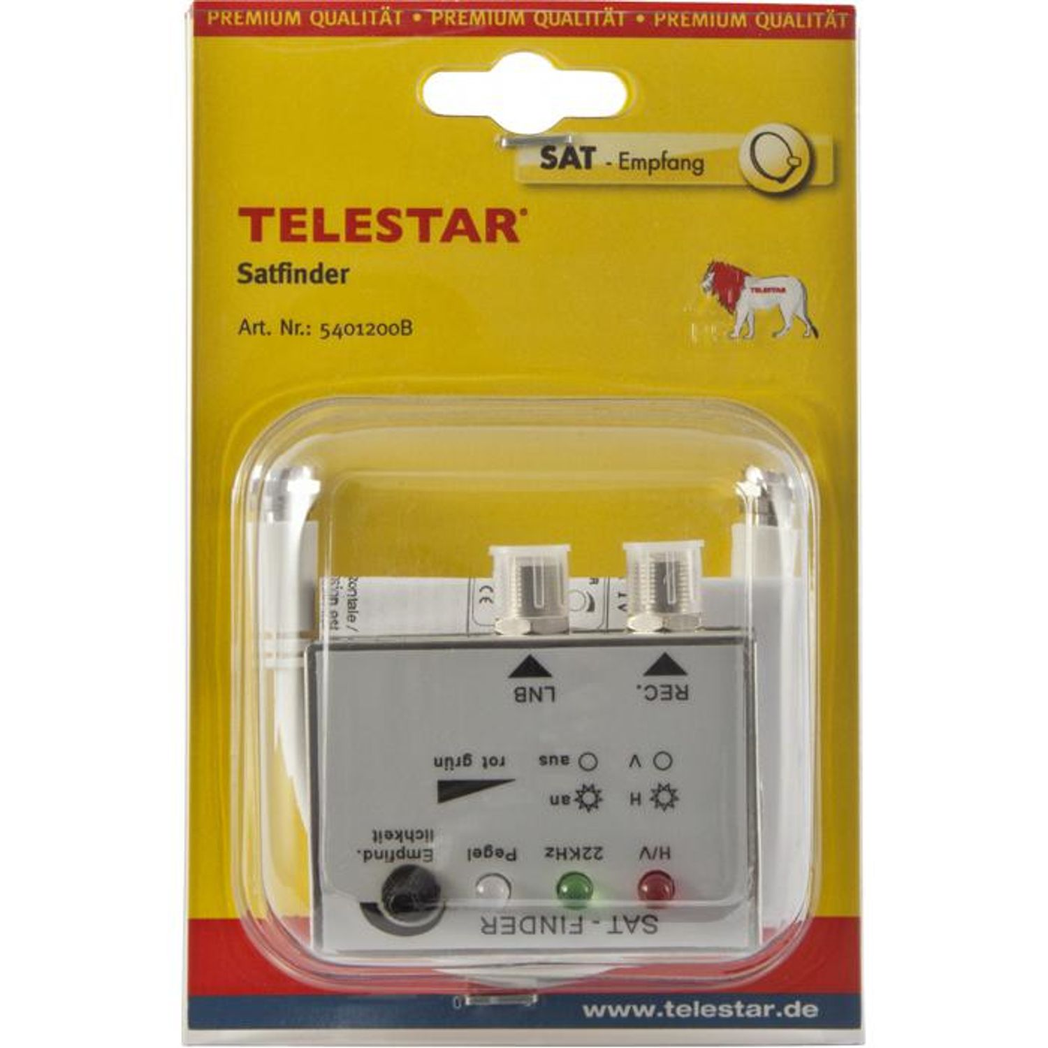 Ein Telestar Satfinder in gelber Verpackung mit Fenster, zeigt das Gerät und die Beschriftung.