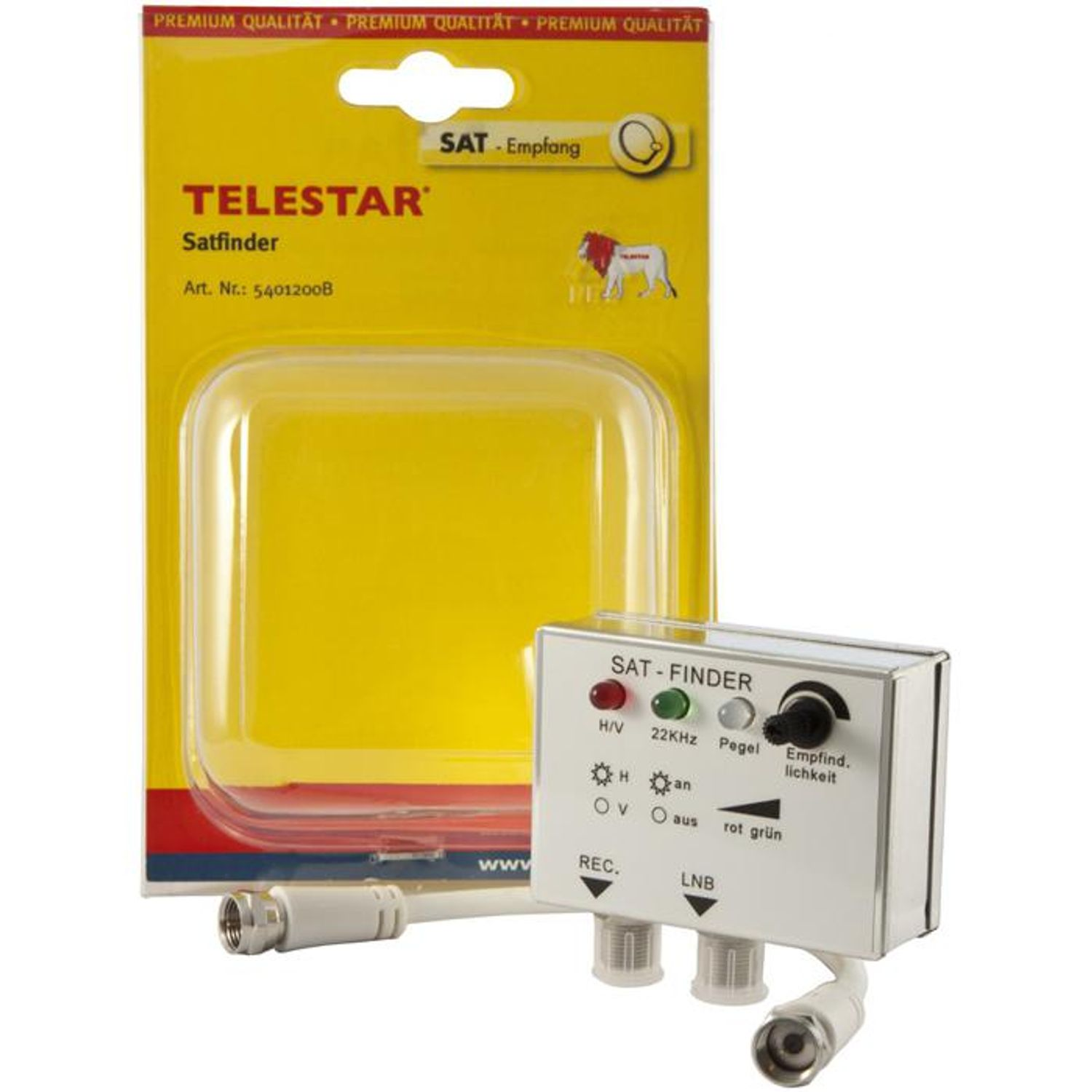 Ein Telestar Satfinder mit Zubehör, verpackt in gelber Blisterverpackung.