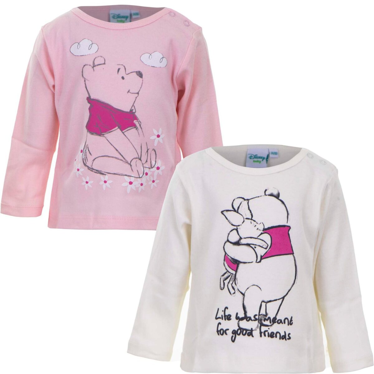 Zwei Disney Winnie Puuh Langarmshirts, eins rosa, eins weiß, mit Puuh-Grafiken.